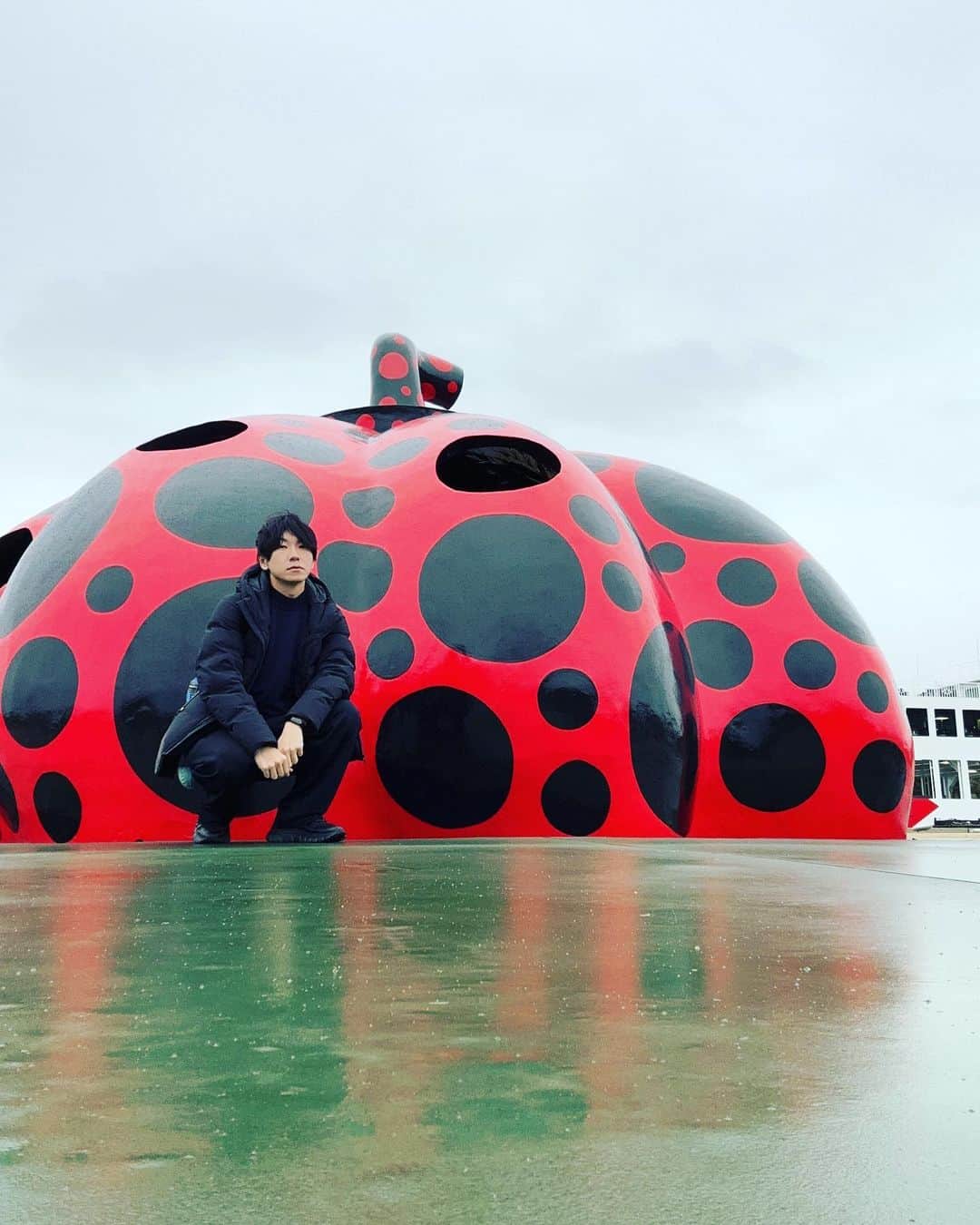 古市憲寿のインスタグラム：「少し前、#直島 に行ってきた。アートの島ということは写真の島ということで、たくさんセルフィーしてきた。ちなみにぜんぶ自撮り。一人旅は自撮りにばかり凝るようになる。時期的にあんまり混雑していないタイミングだった。たぶん全国そうだと思うけど、ちょっと寒い2月の旅行は、閑散としてておすすめです。」