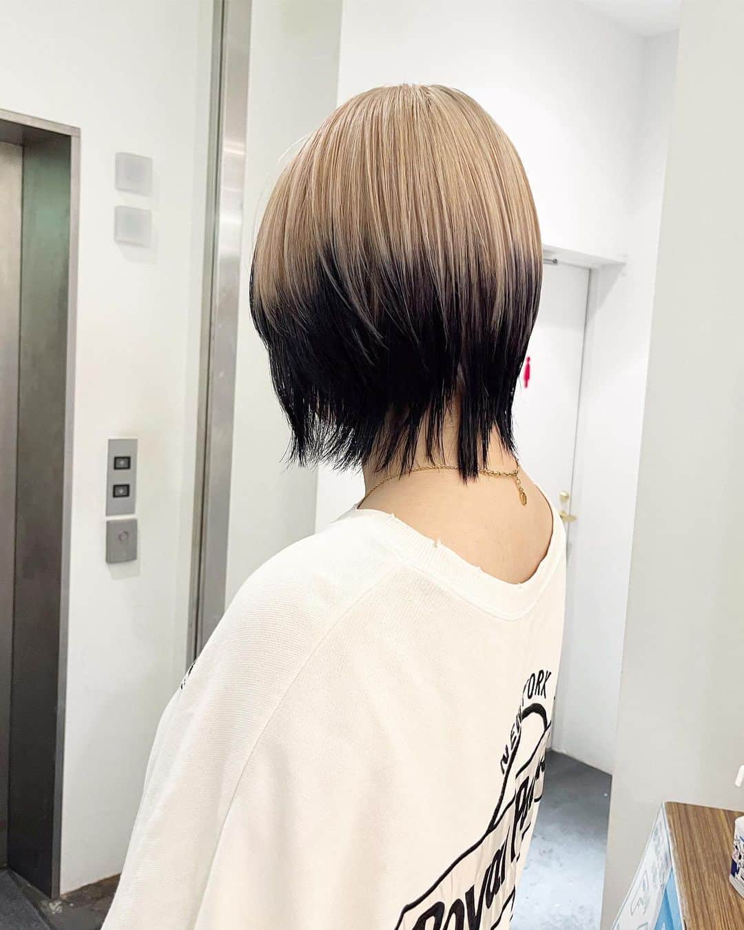 veticaのインスタグラム：「BLACKの毛先カラーと 柔らかいショートウルフスタイル  hair @eitayoshinari   #vetica #原宿 #美容師 #美容室 #ウルフ #ウルフカット #ショートウルフ #デザインカラー #毛先カラー #毛先黒 #裾カラー #インナーカラー」