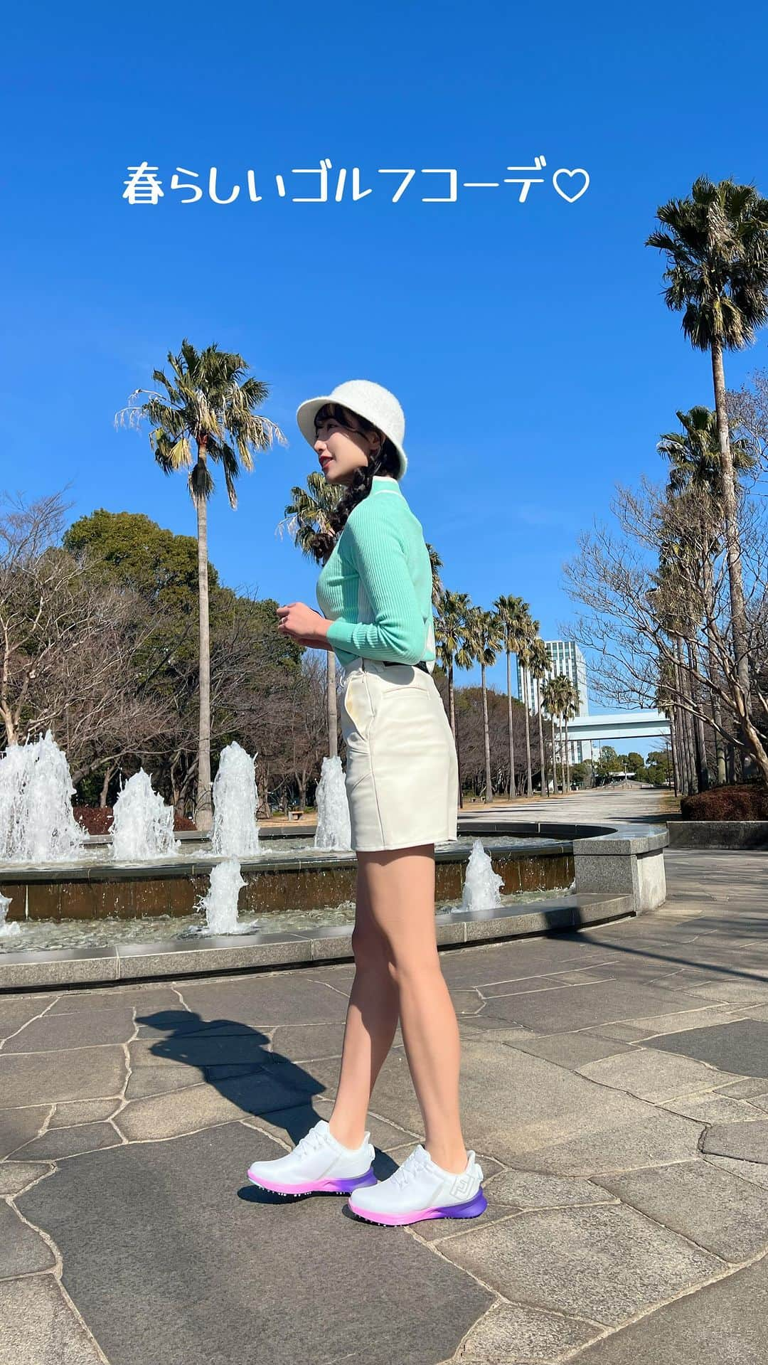 中島亜莉沙のインスタグラム：「春が待ち遠しい..♡春っぽゴルフコーデ！  ・Hat @newbalancegolf_japan  ・Tops/Skirt @junandrope  ・Shoes @footjoy.japan  フットジョイの新作シューズが コーデに合わせやすくシューズ裏まで可愛い🫶🏻  #フットジョイ #フューエル #1shoeingolf #ゴルフ #ゴルフウェア #ゴルフコーデ #スポーツウェア #ゴルフ女子 #スポーツ女子 #コーデ紹介 #春コーデ #ニューバランス #ジュンロペ #newbalancegolf #junandrope #footjoy」