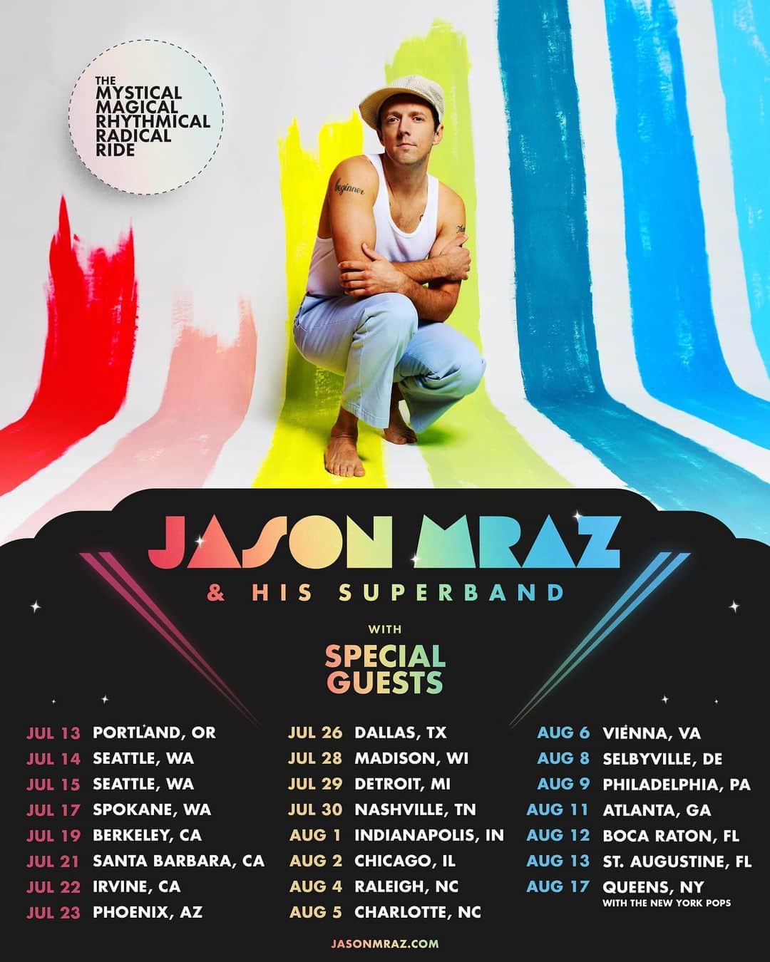 ジェイソン・ムラーズのインスタグラム：「Join us this summer for The Mystical Magical Rhythmical Radical Ride! 🎢✨ Get tickets at JasonMraz.com/events」