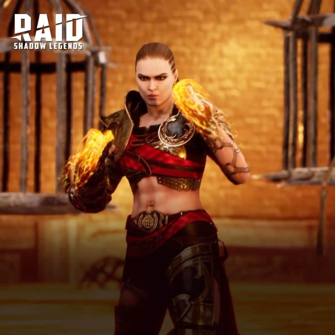 ロンダ・ラウジーのインスタグラム：「They say that only the strongest can survive the Fire Knight’s chamber. Eliminate the caged contender and don’t miss your last chance to grab my legendary champion for FREE in @raidrpg. Put the smack down on the Fire Knight and dozens of other brutal bosses. Download RAID: Shadow Legends now → plrm.info/rondaraid. @raidrpg」