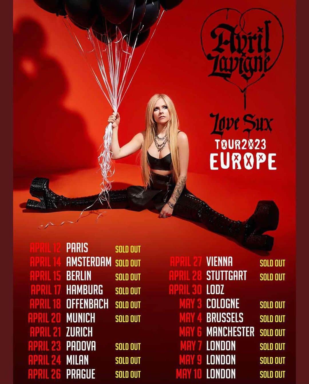 アヴリル・ラヴィーンのインスタグラム：「LOVE SUX Europe Tour!!!! This April/May. Who’s fkn coming? 🖤🧡🖤🧡」