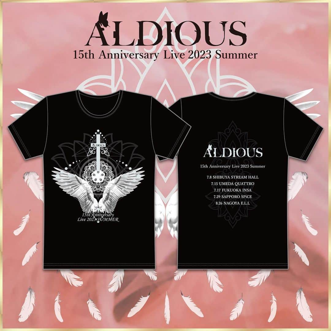 Marinaのインスタグラム：「Aldious 15th Anniversary Live 2023 Summer   今回、夏のツアーのTシャツデザインを監修させて頂きました🕊  前回のロンTに続き @goner_oku さんと何度も何度もやり取りをして完成しました！  ぜひぜひ！Getしてね🤍」