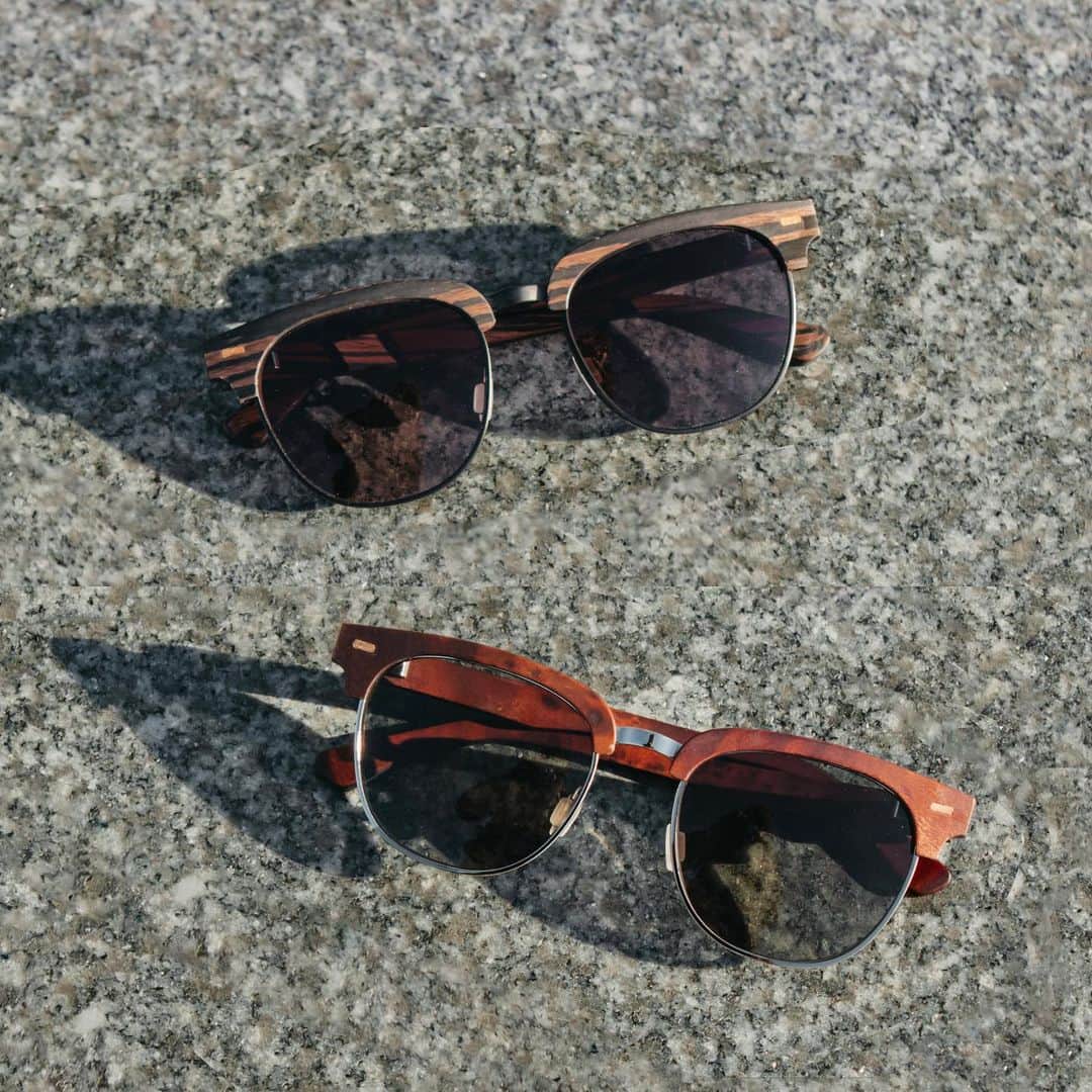 のインスタグラム：「NEW wood frames are here! Say hello to a brand new style in super unique, authentic hardwoods: The Eugene! A classic browline upper and wire rim lower are flattering on a wide range of face shapes, and the carbon fiber laminate construction offers a durable frame that you can rely on to last. Check out the Redwood Burl and Striped Ebony options online now.」