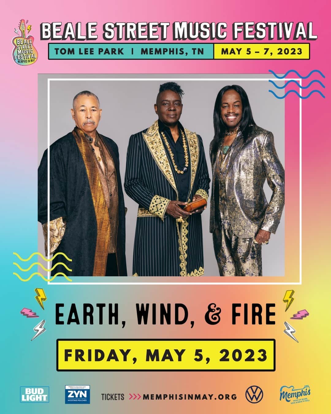 アース・ウィンド・アンド・ファイアーのインスタグラム：「⚡️ We're going to turn the 2023 @bealestreetmusicfestival into a Boogie Wonderland, happening May 5 - 7 at Tom Lee Park in Memphis, TN! Tickets are on sale now: https://memphisinmay.org/BSMF #BSMF23」