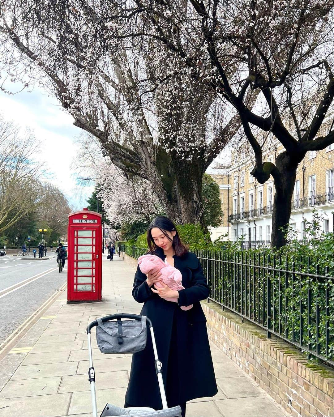 松原汐織のインスタグラム：「First cherry blossom season for my daughter🌸🌸🌸 I’m happy to see cherry blossoms with her in London. ・ ・ 産後直ぐでもお散歩OKと聞いていたイギリス🇬🇧 本当に良いか分からなかったので、許可をとってからお散歩へ🙆🏻‍♀️ 私は帝王切開だったので普通分娩の方とは違うのかもしれないですが、 ①ママは赤ちゃんより重い荷物は持たないこと②毎日５分ずつお散歩の時間を延ばすこと③人混みや騒がしい場所にはいかないこと！と言われて、母子共に健康ならお散歩は楽しんでね〜とのこと😊  産後36時間で退院(帝王切開なので通常より長い)後、 退院翌日と５日後、10日後にMidwifeやHealth visitorによる自宅訪問、St.Mary’s hospitalにも２週間検診で訪れるなど、直ぐに退院する分、一人一人に寄り添い、 母子共に経過良好か(自宅で血液検査なども行い、問題があれば即病院へ)、子育てで不安はないか、などのフォローを手厚く行ってくれます🌟  お散歩に出かけても「何て可愛いベイビーなの😍」と色々な人が話しかけてくれて会話が生まれるので、 「イギリスは子育てしやすいよ〜」と聞いていた意味を実感しています❤️  ー #newborn #baby #babygirl #newmom #lovemyfam  #cherryblossom #blooming  #bugaboo #bugaboouk #bugaboobee6  #london #thisislondon #londonlife #mum #mumofagirl  #出産 #海外出産 #女の子ママ #新生児  #海外子育て #イギリス子育て #ロンドン子育て  #桜 #お花見 #ベビーカー #バガブー  #ロンドン #ロンドン生活 #ロンドン在住  #shioriinlondon2023  ー」