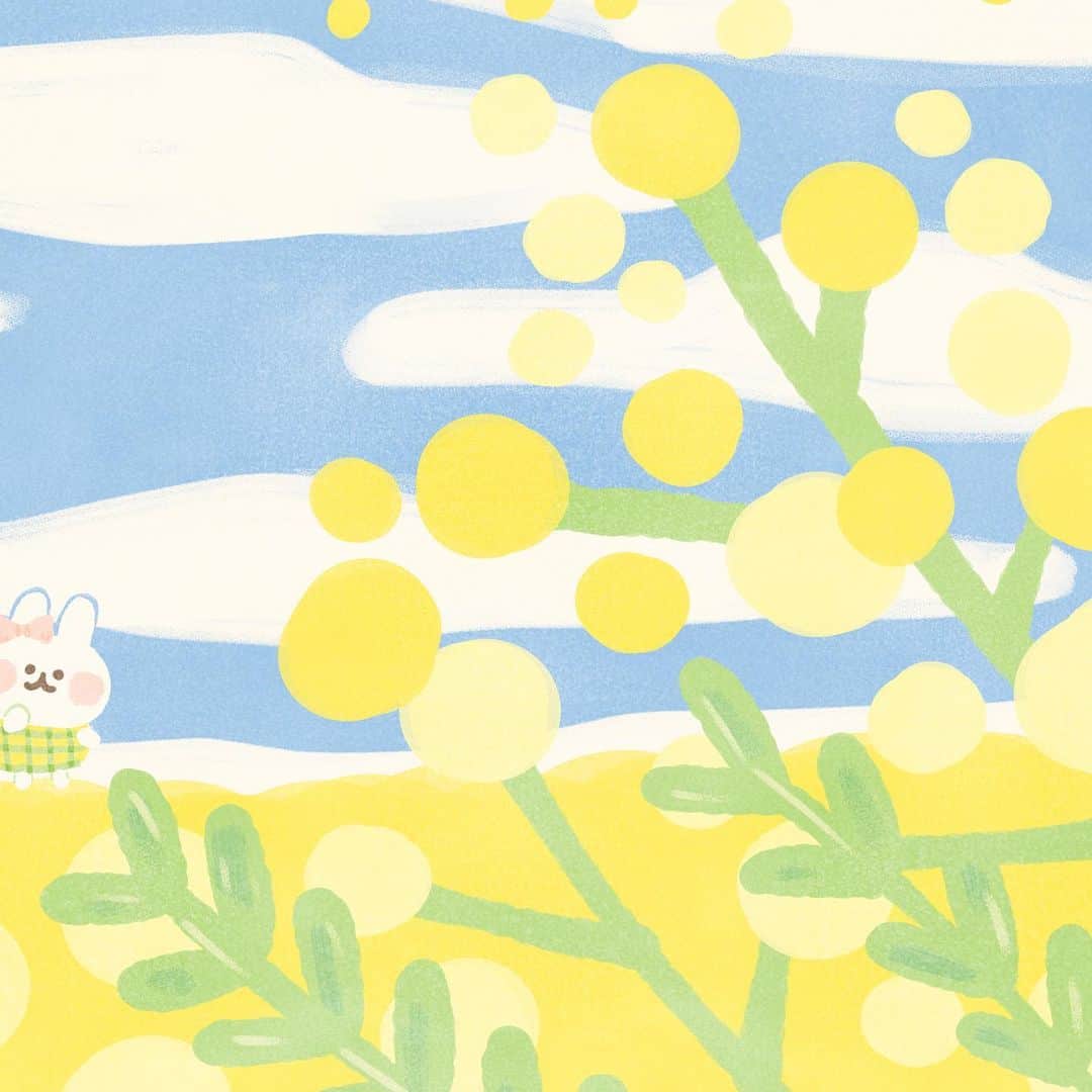 カナヘイのインスタグラム：「ミモザの包む丘 □□□ □□■  #3月壁紙 #ミモザ #mimosa #Illustration #making #タイムラプス #メイキング #kanahei #卡娜赫拉 #卡娜赫拉的小動物 #カナヘイの小動物」