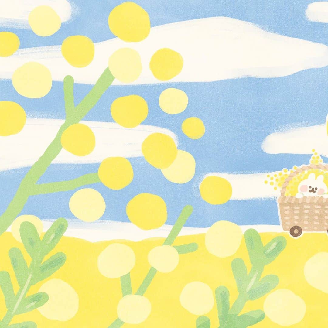 カナヘイのインスタグラム：「ミモザの包む丘 □□□ ■□□  #3月壁紙 #ミモザ #mimosa #Illustration #making #タイムラプス #メイキング #kanahei #卡娜赫拉 #卡娜赫拉的小動物 #カナヘイの小動物」