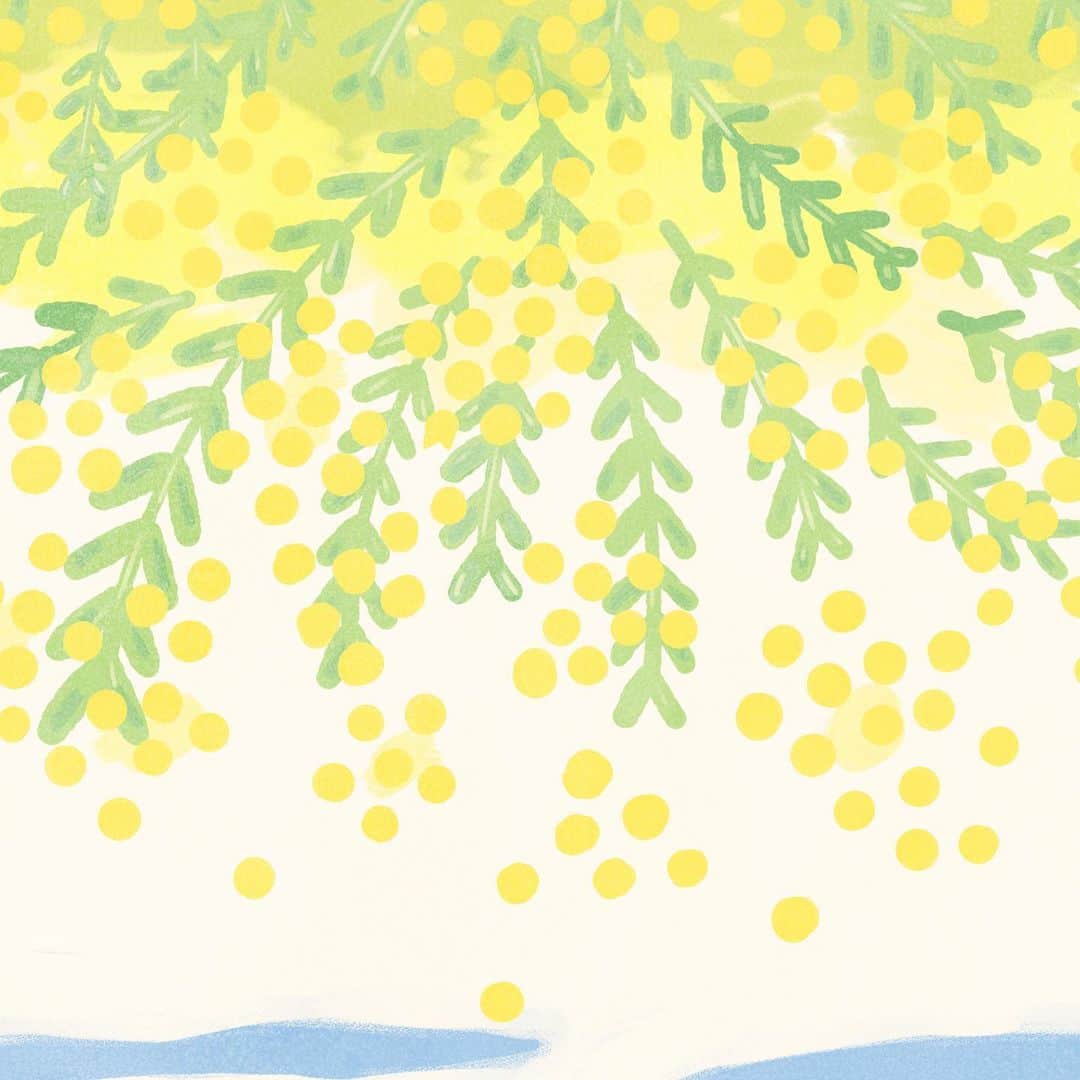 カナヘイのインスタグラム：「ミモザの包む丘 □■□ □□□  #3月壁紙 #ミモザ #mimosa #Illustration #making #タイムラプス #メイキング #kanahei #卡娜赫拉 #卡娜赫拉的小動物 #カナヘイの小動物」