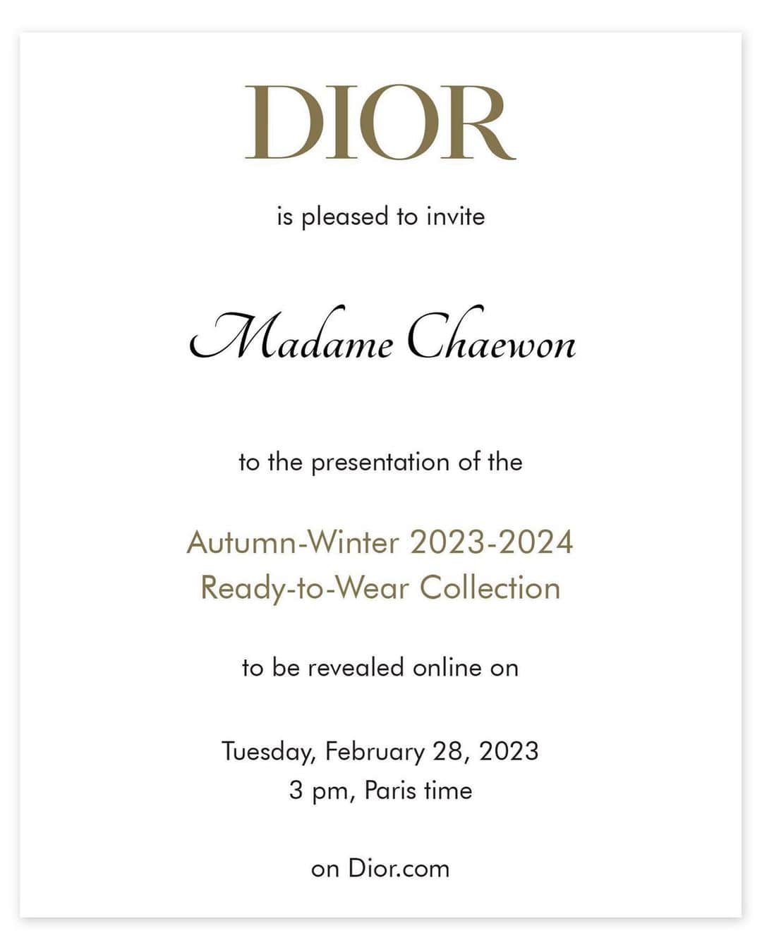 キム・チェウォンさんのインスタグラム写真 - (キム・チェウォンInstagram)「오늘 한국시간 저녁 11시에 있을 디올 쇼도 기대해주세요!   @Dior #ad #Dior #DiorAW23 @MariaGraziaChiuri」2月28日 20時22分 - _chaechae_1