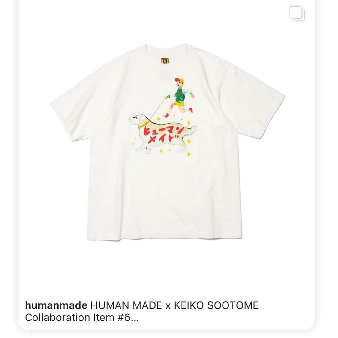 五月女ケイ子のインスタグラム：「@humanmade   3月1日（水）、HUMAN MADEとイラストレーター・五月女ケイ子（そおとめ けいこ）さんとのコラボレーションシリーズより、第6弾となる半袖グラフィックTシャツを発売いたします。   今回の「KEIKO SOOTOME T-SHIRT #6」では、” humanmade habit we walk the dog”をテーマにHUMAN MADEの人気アニマルモチーフのひとつ、レトリーバーが愛犬として五月女ワールドに登場しています。そのタイトルは「いつも一緒にいてくれてありがとう。礼を言います」。  「“HUMAN MADE”とは”人造”という意味ですが、そこには、人造の魅力と、人造ではないものへの敬意が同時に込められている気がしました。Tシャツに描かれているのは、未来のようでいて過去のようでもあります。その行く末をどこか遠くから見ている宇宙生命体がいるような気がします。人造と人造ではないものが共存するこの地球が、いつまでも美しく続くように、そんな願いを込めました」と語る、五月女さんらしいシュールさとレトロなタッチが特徴的なデザインとなっています。  HUMAN MADE からのラブコールにより実現した本コラボレーションシリーズは、今後も毎月1日に五月女ケイ子さんによるオリジナルグラフィックを落とし込んだ新作アイテムがリリース予定なのでぜひお楽しみに。 #humanmade  #五月女ケイ子 #keikosootome」