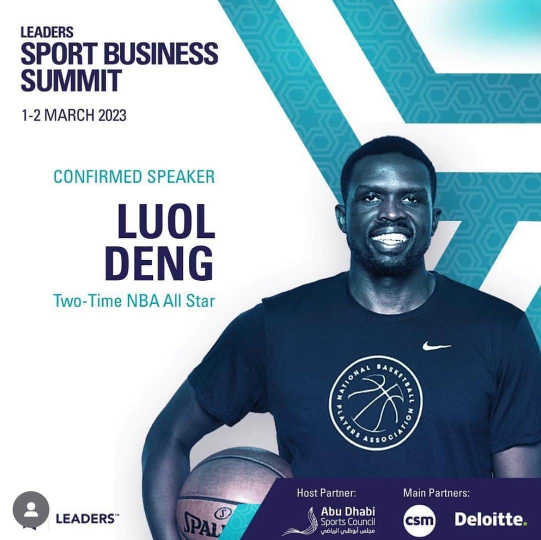 ルオル・デンのインスタグラム：「Re-post @ronnyturiaf   Thankful to have the opportunity to exchange today at the @leadersinsport_ business conference on the topic of the rise of the athlete as an influencer – how athletes are increasingly promoting their own personal stories via social media, how rights holders are increasingly using athlete-led content to engage with fans, and how fans – especially younger fans – are increasingly following their favourite athletes rather than their favourite sports or teams at Leaders Sport Business Summit in Abu Dhabi. I’ll be sharing the stage with Luol Deng,Two-Time NBA All Star; President, South Sudan Basketball Federation   And the Moderator: Benny Bonsu Director of Daily Content, Olympic Channel Services & IOC  Looking forward to this. With my brother @ronnyturiaf and sister @msbennybonsu ❤️🙏🏿.」