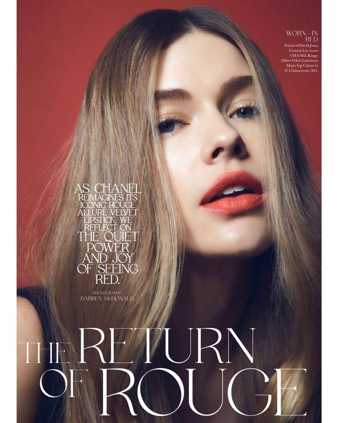 Victoria Leeのインスタグラム：「‘The Return of Rouge’ 💋 CHANEL Rouge Allure Velvet @darren_mcdonald @victoriabaron @alanwhitehair @alihead @kolohee @youngjaynefiona ❤️ out now, AW23 issue of JONES. @chanel.beauty  @davidjonesstore  #ChanelBeauty」