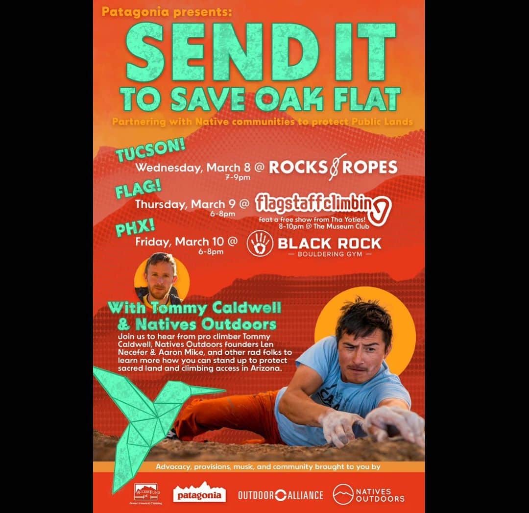 トミー・コールドウェルのインスタグラム：「I love the idea that small climbing non-profits can team up with Indigenous groups and fight against giant, multinational corporations to protect our most valuable places. It’s all coming to a head in Oak Flat. We are throwing these events to make some noise and get Arizonans involved. Come down to learn about the issue and find out what you can do.」