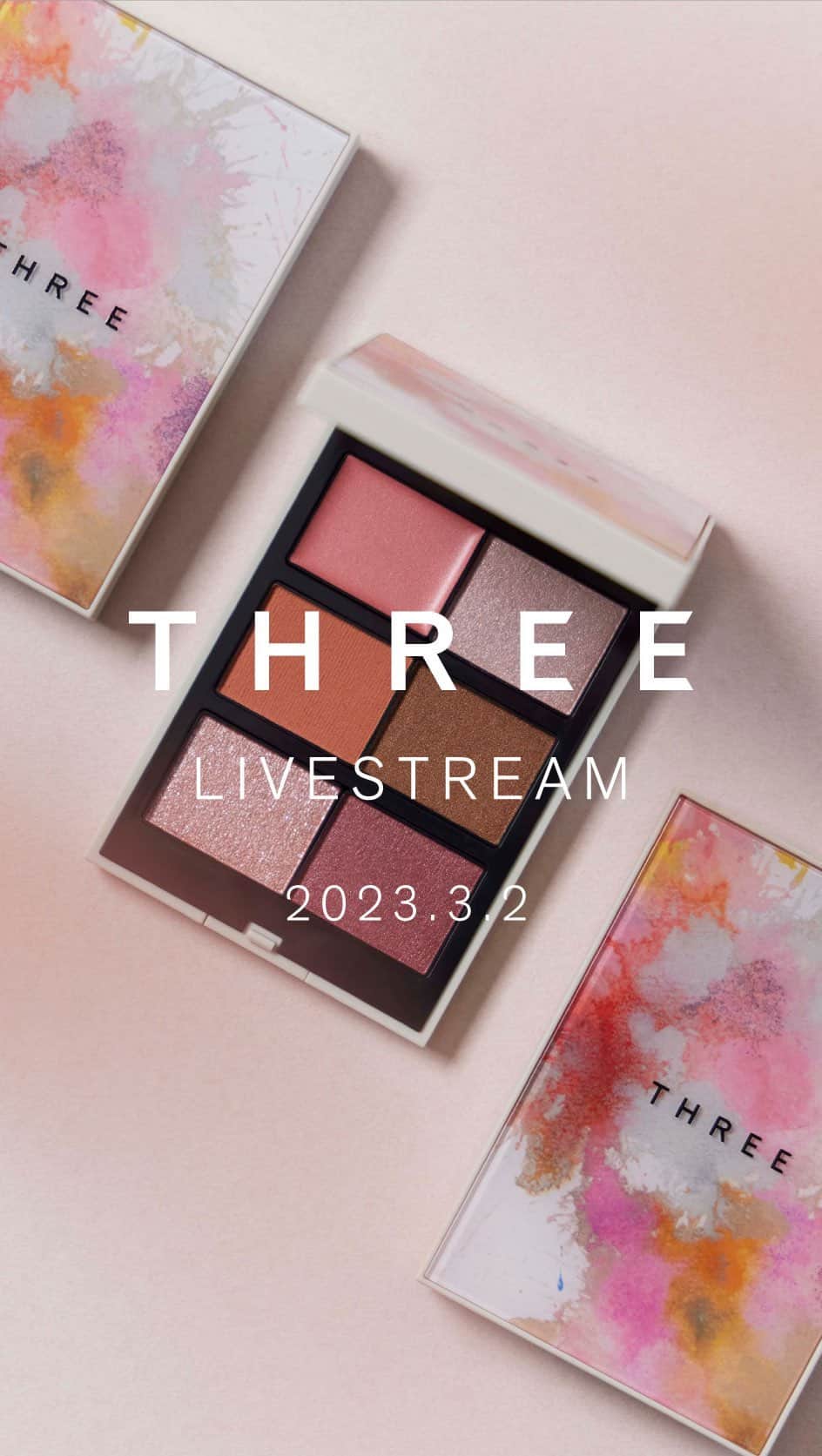 THREEのインスタグラム：「THREE ライブ配信 2023 JUBILEE COLLECTIONのラインナップをご紹介。  明日3月3日、THREEの日にJUBILEE COLLECTION が数量限定で登場します。  「PETAL RHAPSODY」ー 花びらとダンス。  THREE グローバルメイクアップアーティスト 佐藤（@yuta_0925）、THREE メイクアップアーティスト高木(@tkkmk_3)より各アイテムの魅力をたっぷりお届け。  〈ご紹介アイテム〉 ・THREE ジュビリーコレクション パレット 2023*〈限定アイテム〉1種  7,480円（税込）  ・THREE ディヴァインリップジェム*〈限定カラー〉1色  3,850円（税込）  ・THREE ネイルポリッシュ〈限定カラー〉3色 各1,980円（税込）  全国発売日：2023年3月3日（金） *公式オンラインショップ、及び一部ショップのご予約分はご好評につき、完売いたしました。明日の発売日より、お早めにお求めください。  #threecosmetics #2023JubileeCollection #ジュビリーコレクション #ジュビリーコレクション2023」