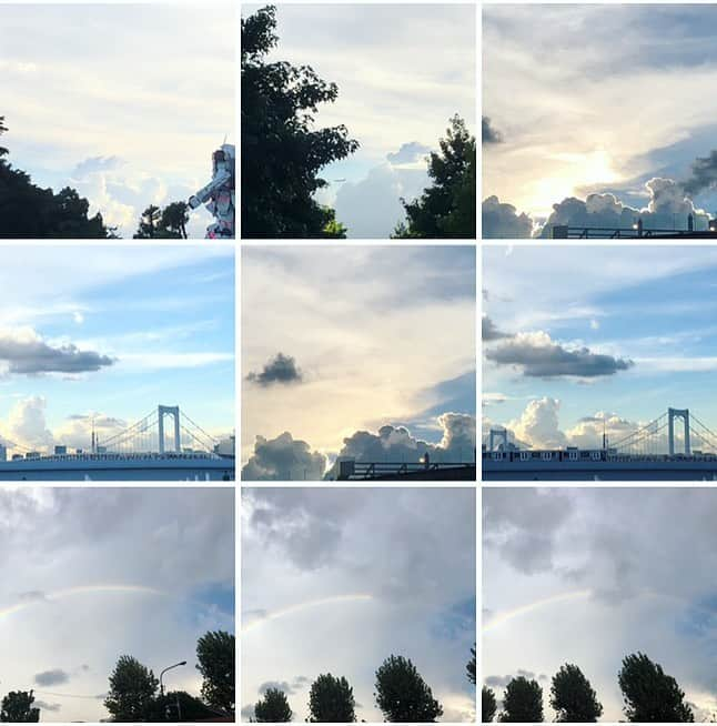 青波凜のインスタグラム：「空がいっぱい☺︎ よく見ると1枚1枚写真が違います☁️ ゆーっくり、じーっくり見てみてください!🫧  #空  #ガンダム  #虹」