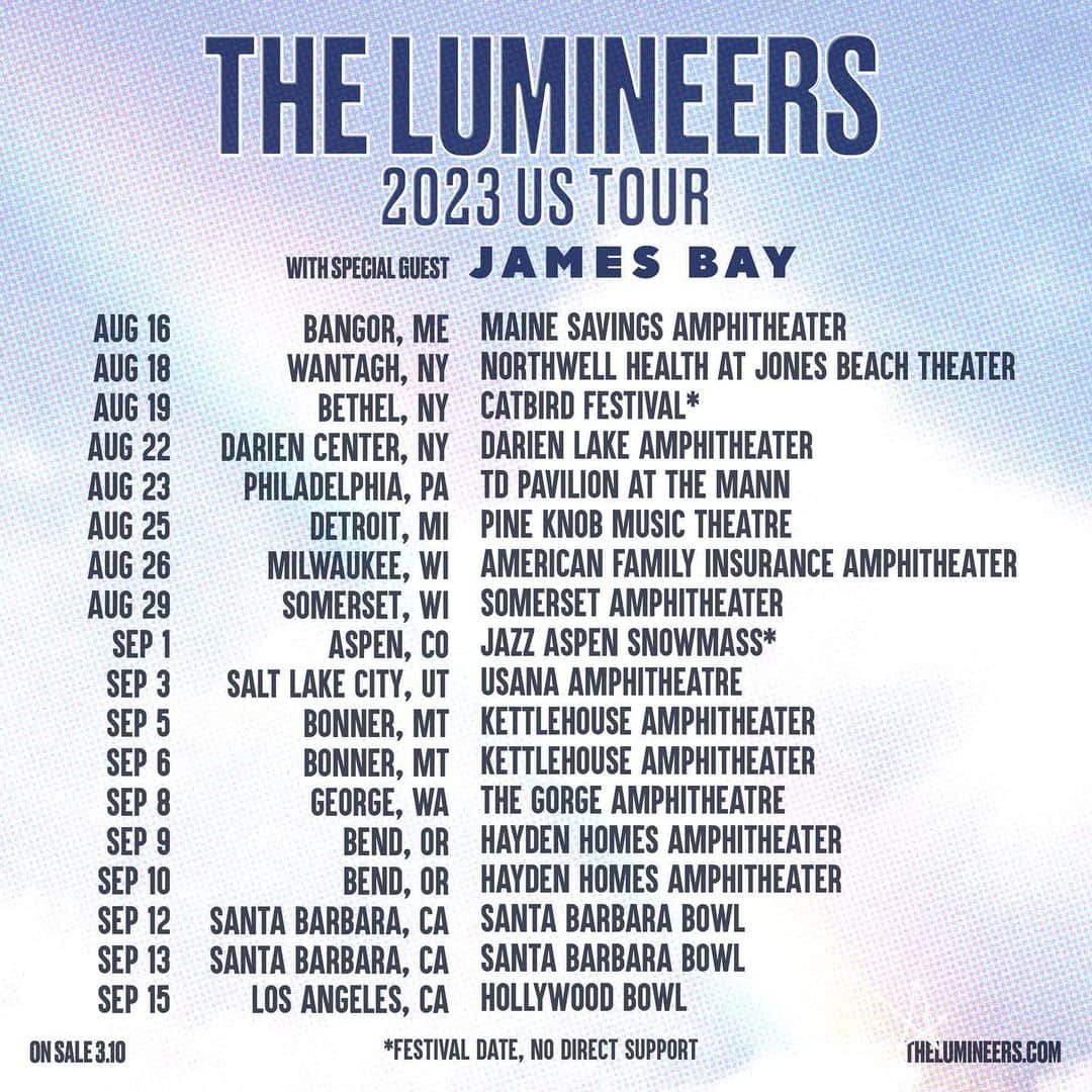 The Lumineersさんのインスタグラム写真 - (The LumineersInstagram)「We’re stoked to be back on the road, playing a run of shows in the US later this year with our good friend @jamesbaymusic. Tickets are on sale March 10 - visit the link in bio for access to exclusive presales!」3月3日 0時03分 - thelumineers