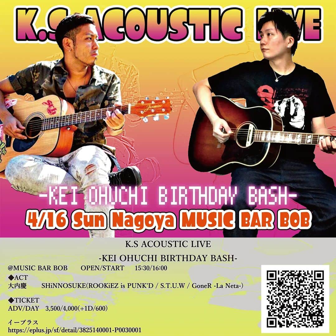 KEIのインスタグラム：「私のバースデーライブで御座います。 4/16(Sun)名古屋で K.S ACOUSTIC LIVE OPEN/START 15:30/16:00  チケット発売は3/4(土)10:00～ https://eplus.jp/sf/detail/3825140001-P0030001  どうぞよろしく！( ゜∀゜)ノ」