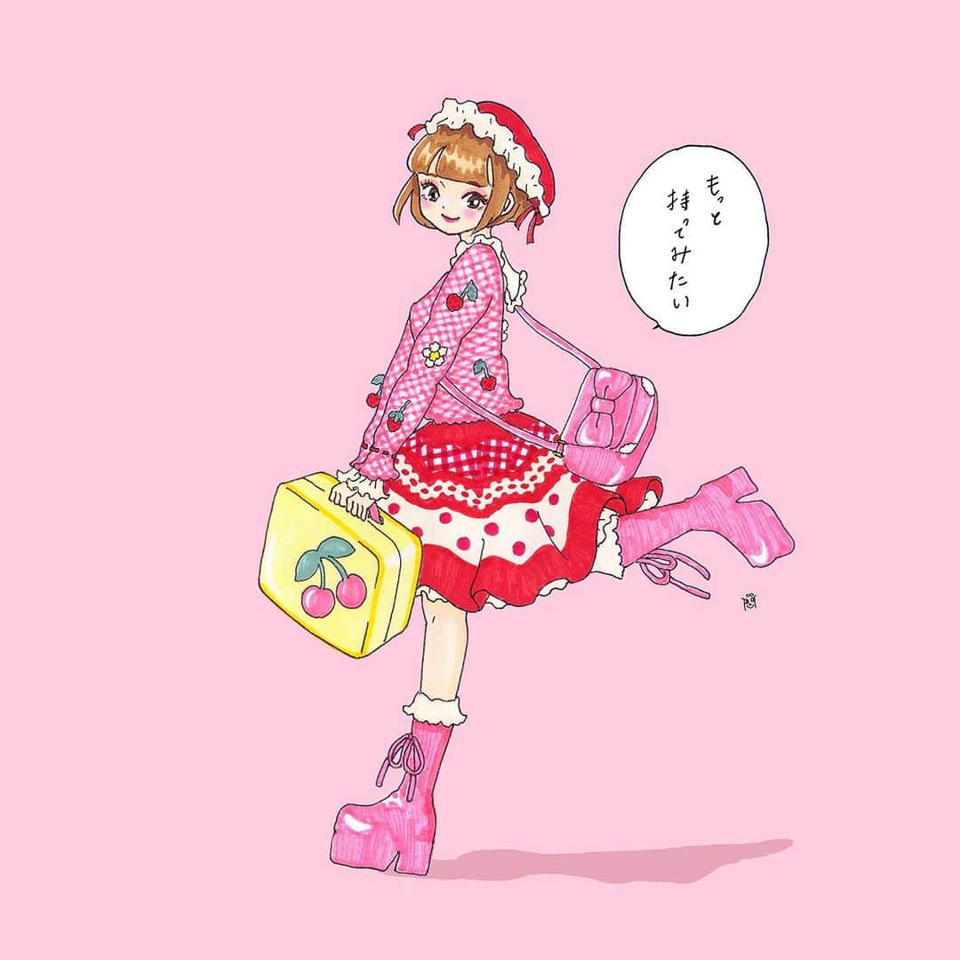のインスタグラム：「🛍  お気に入りの服を着て 東京事変の「鞄の中身」をMDウォークマンで聴きながら ひとりで地元の街に出掛けた17歳の日 何も買わず、誰とも会わず 何者にもなってないのに 未来への空想をしてるだけでなんだかわくわくした あの気持ちはなんだったんだろうな。 「東京」とか「原宿」とか そこで仕事をしてる自分とかって 空想の中だけでキラキラしてて 大人になってしまえばそれはもう「生活」だ。 でも、今のほうがずっと自由だよって 17歳の自分に囁きたい  . . . #illustration #drawing #artwork   #fancy #fashionillustration  #character #kawaii #lolitafashion #oldschoollolita #lolitagirl  #eglcommunity #harajukufashion #girlyfashion #girlsillustration  #comic #sweetlolita  #ガールズイラスト #ファッションイラスト #平成ファッション #ロリータファッション #ロリータ #y2kfashion #y2kファッション #懐古ロリータ #懐古ロリィタ」