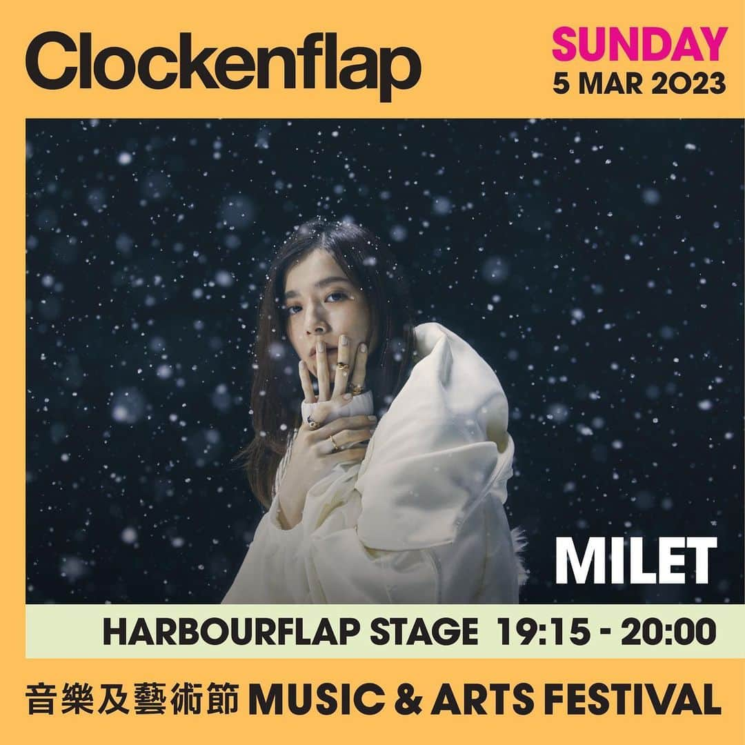 miletさんのインスタグラム写真 - (miletInstagram)「Hong Kong!  Thrilled&honored to have my very first overseas festival show at Clockenflap2023. See you all on Sunday!  Mar-5th(Sun) 7:15PM @ HARBOURFLAP STAGE  ==========  香港！ milet 第一次海外音樂祭演出嘅大日子終於要嚟喇！真係無限個興奮呀！到時見！ 香港音樂及藝術節 MUSIC & ART FESTIVAL 「Clockenflap 2023 」 19:15- @ HARBOURFLAP STAGE  #clockenflap #milet」3月3日 17時11分 - milet_music