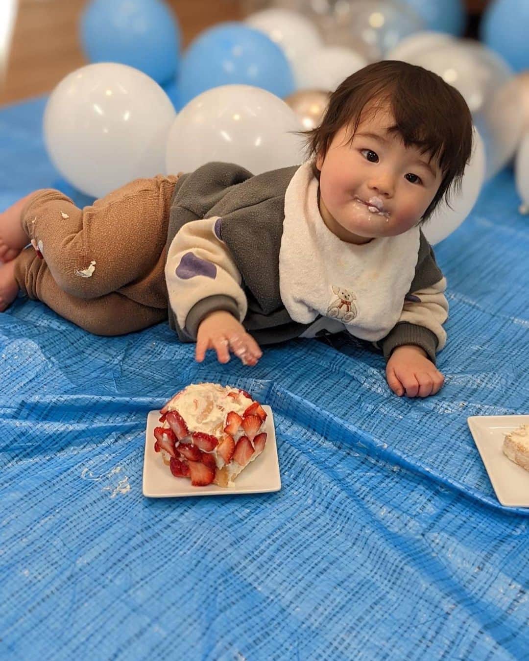 宇都宮まきのインスタグラム：「ひな祭りに🎎２人でケーキ🎂食べましたヽ(´▽｀)/♡ おまちゃんは美味し過ぎて食べ終わった後吠えてた🤣🐕 ２人で半分ずつほぼ完食した🦷 まじオカルト〜😂🥰🤞🫶🐕👶」