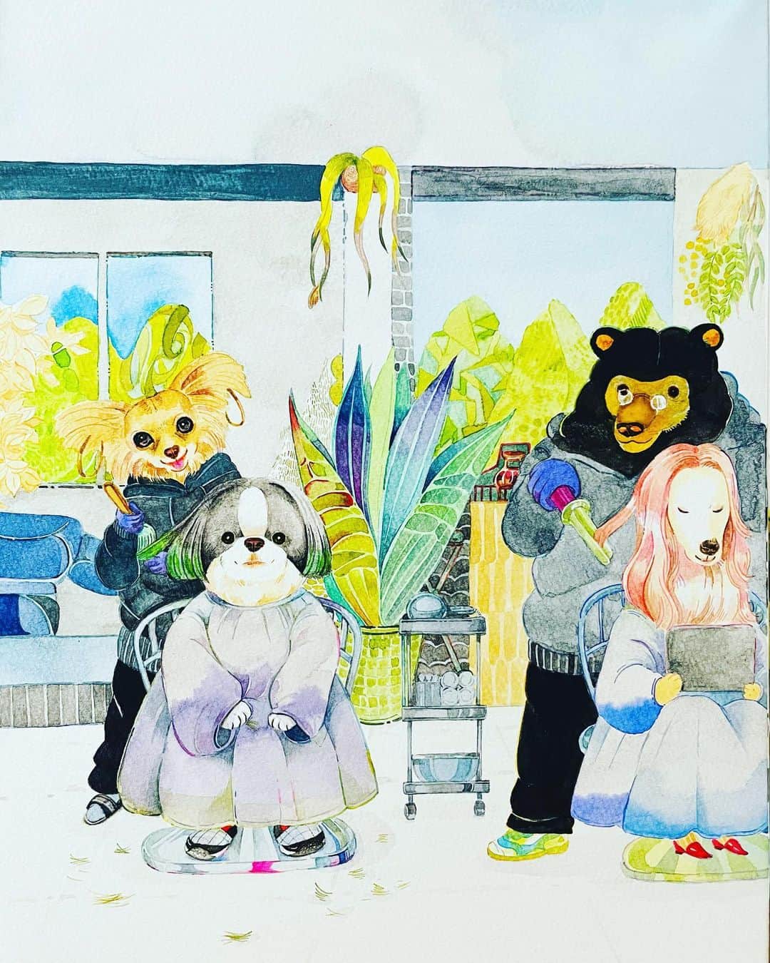 のインスタグラム：「6ヶ月ぶりの美容院。  #水彩 #イラスト #illustration #watercolor  #アクリル画  #シーズー #マレーグマ #犬」