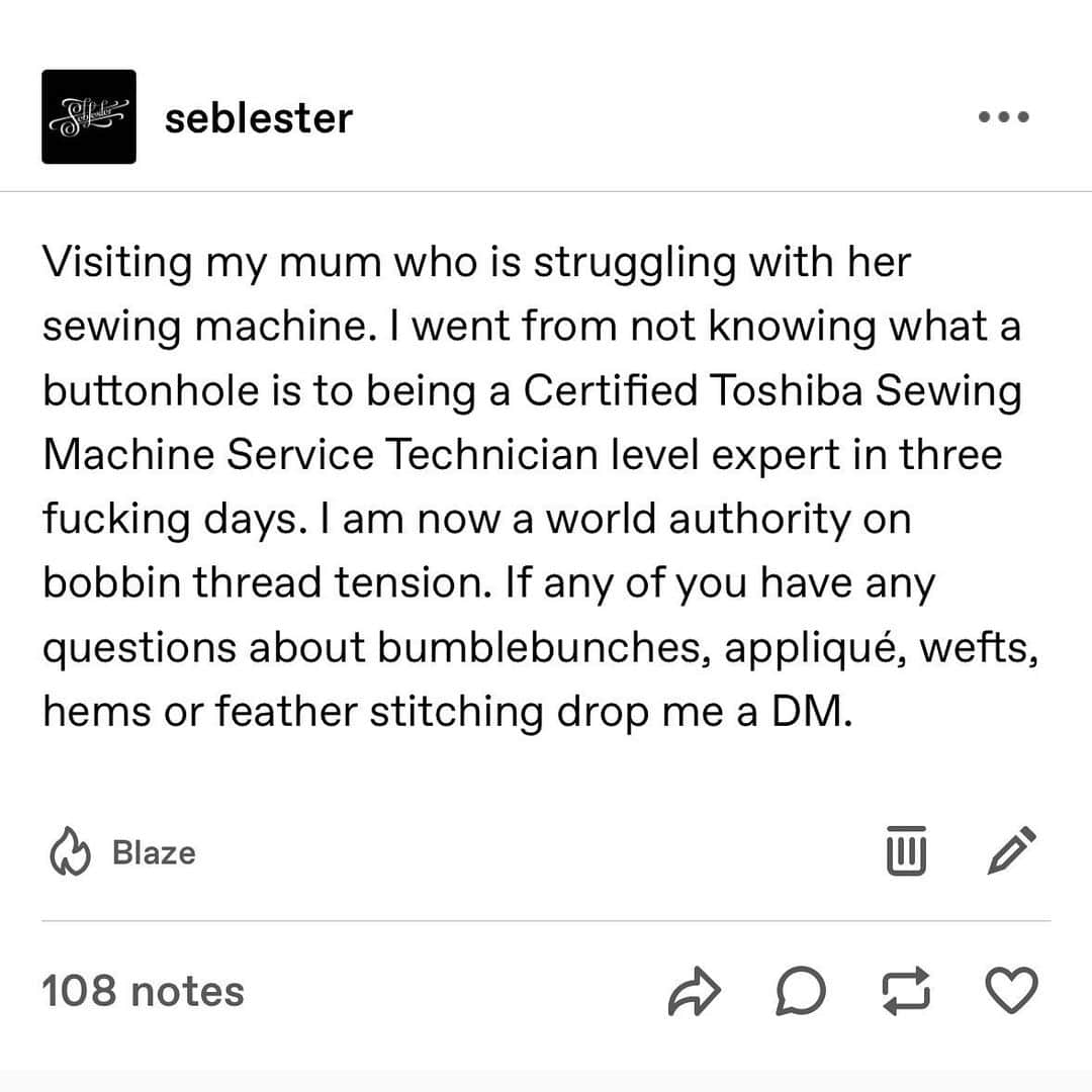 Seb Lesterのインスタグラム：「I told someone in the pub last night that I was a world authority on bobbin thread tension and was asked to leave.」