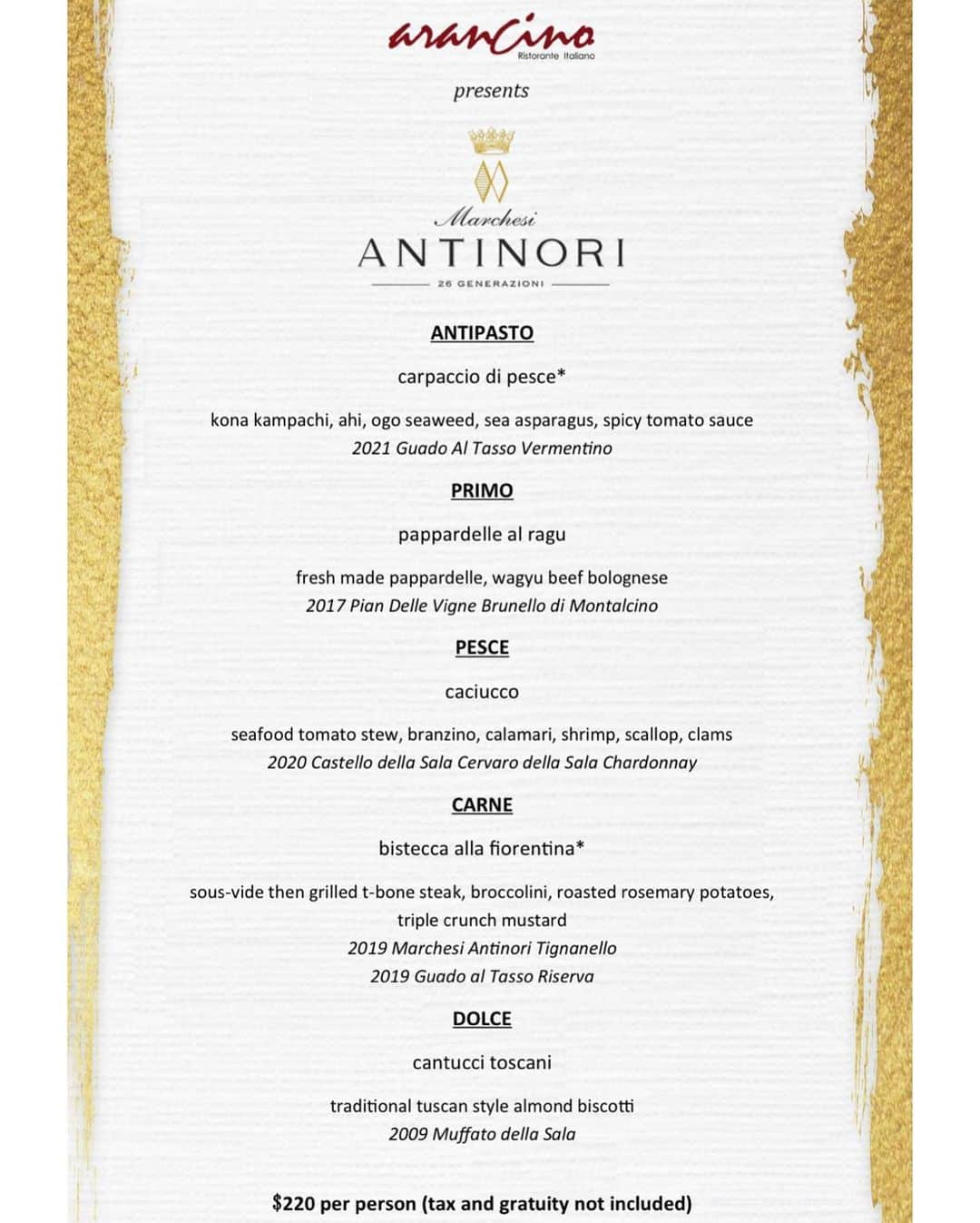 Arancino at The Kahalaさんのインスタグラム写真 - (Arancino at The KahalaInstagram)「🍷🇮🇹 Only few spots left! 3/9/23 Exclusive Antinori•Arancino Winemaker’s Dinner feat. @marchesiantinori’s Silvio di Silvio & Master Sommelier Roberto Viernes’ selected wines beautifully paired with our 5 Course Menu by Chef @hamamotodaisuke73. [RESERVATIONS: 808-380-4400] 🇮🇹   #arancino #arancinoristoranteitaliano #arancinokahala #honolulu #wine #haleainaawards #kahala #hawaii #アランチーノアットザカハラ #イタリアン #パスタ #ハワイ #ホノルル #oahu #winetasting #hawaiifoodreviews #hawaiisbestkitchens #italianrestaurant #italian #prosciuttocotto #winelovers #italianfood #oahu #italy #winery #dinner #winepairing #marchesiantinori #antinorivintage #winemaker」3月5日 9時59分 - arancinokahala