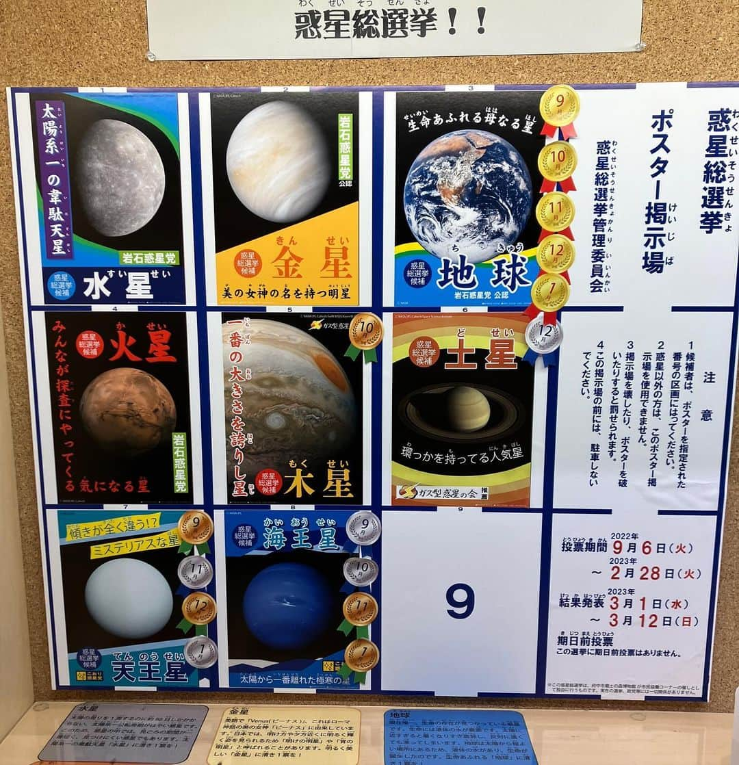 加藤賢崇さんのインスタグラム写真 - (加藤賢崇Instagram)「府中郷土の森博物館の宇宙コーナーにあった。 惑星総選挙！  水金地火木土天海！　どってんかい！（ツッコミ）  そういえば冥王星は、軌道が遠すぎる、と太陽系の仲間から外されてたんだった。。」3月5日 8時44分 - kenso1978