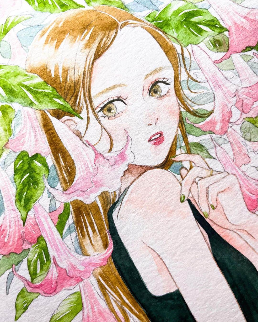 のインスタグラム：「呼吸 . . . . . .  #illustration #illustrator #art #drawing #watercolor #watercolorpainting #watercolorart #watercolorillustration #透明水彩 #水彩イラスト #水彩画 #イラスト #アナログイラスト #일러스트　#드로잉 #그림스타그램 #손그림 #미술 #스케치 #插图 #畫畫 #插畫 #手繪 #繪 #绘画 #kidsillustration #fashionillustration #telephonebench #autumnillustration」