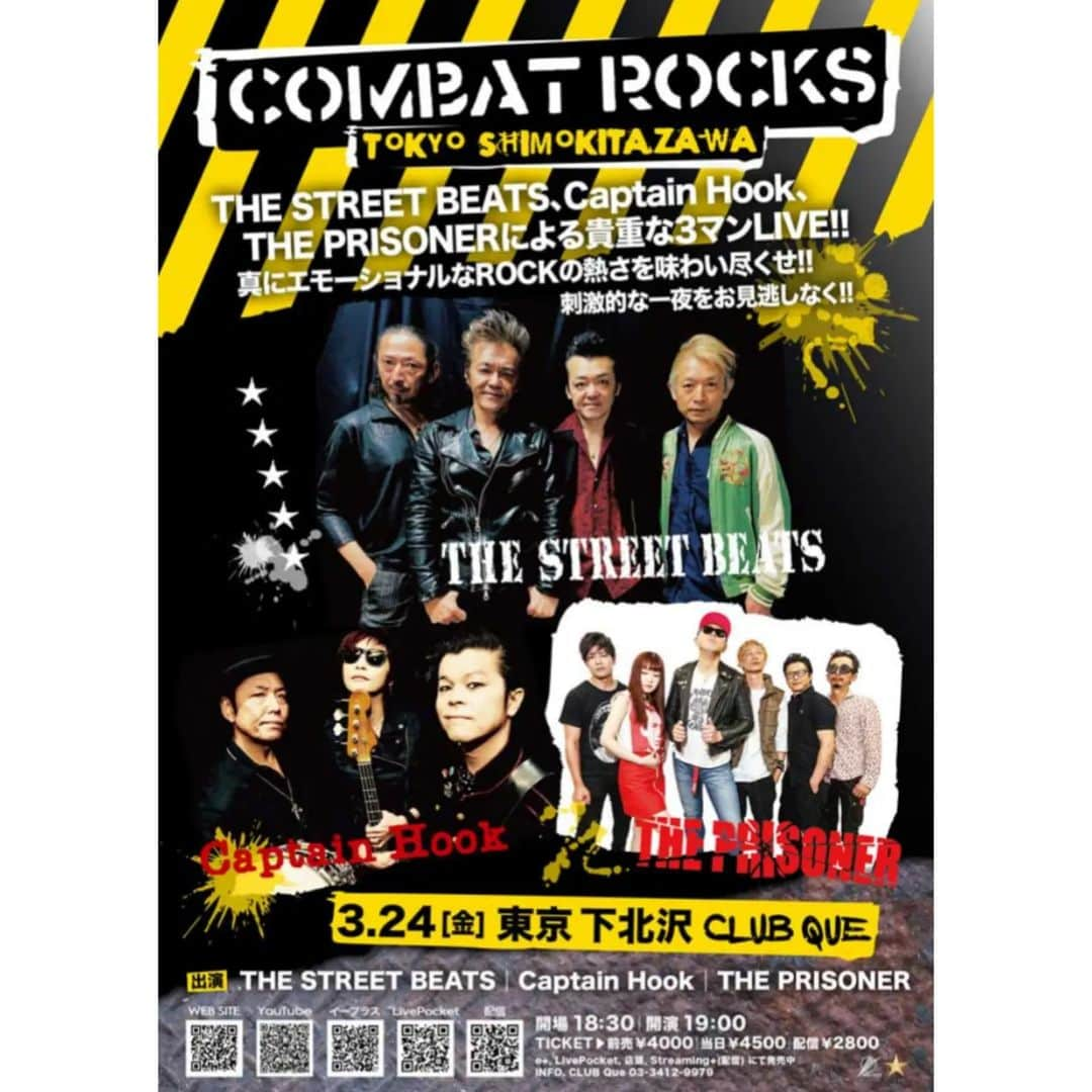 THE PRISONERさんのインスタグラム写真 - (THE PRISONERInstagram)「いよいよ今週！！ 3月24日(金)東京 下北沢CLUB QUE "COMBAT ROCKS"  THE STREET BEATS Captain Hook THE PRISONER  OPEN 18:30／START 19:00 ADV.￥4,000／DOOR.￥4,500 [1D別] 配信￥2,800  前売券予約はコチラ http://villainyprisonrecords.com/ticket/  [観覧] Que店頭 12/22 16:00～ , バンド , イープラス https://eplus.jp/sf/detail/3776810001-P0030001 12/23 10:00～ , LivePocket https://t.livepocket.jp/e/que20230324 12/23 10:00～ [配信] Streaming+ https://eplus.jp/sf/detail/3776820001-P0030001 12/23 10:00～3/3 https://bit.ly/3Bi8wmA LivePocket https://t.livepocket.jp/e/que20230324 配信￥2800発売中 Streaming+ https://bit.ly/3iZ03hW 3/30 20時まで購入可能(視聴期限23:59まで)  #theprisoner #プリズナー #thestreetbeats  #ストリートビーツ #captainhook #キャプテンフック」3月20日 11時50分 - theprisoner_