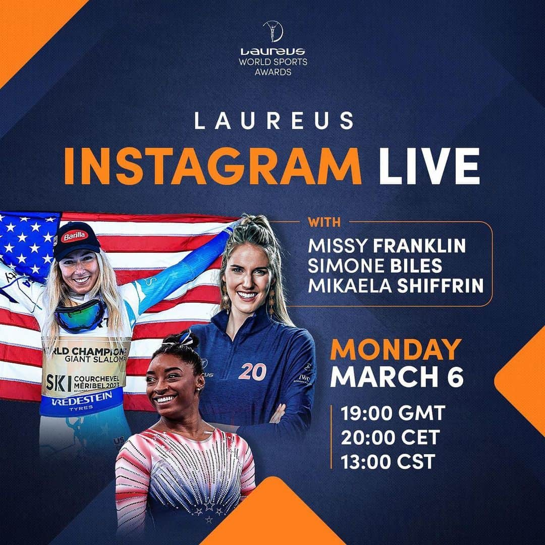 メリッサ・フランクリンのインスタグラム：「🤩 Ahead of International Women’s Day, join us at 13.00 CST tomorrow for an Instagram Live with three of the biggest names in women's sport  Our host, Olympic swimming legend and Laureus Academy Member, @missyfranklin88, will be joined by three time Laureus World Sportswoman of the Year, @simonebiles and #Laureus23 World Sportswoman of the Year Award Nominee, @mikaelashiffrin ✨」