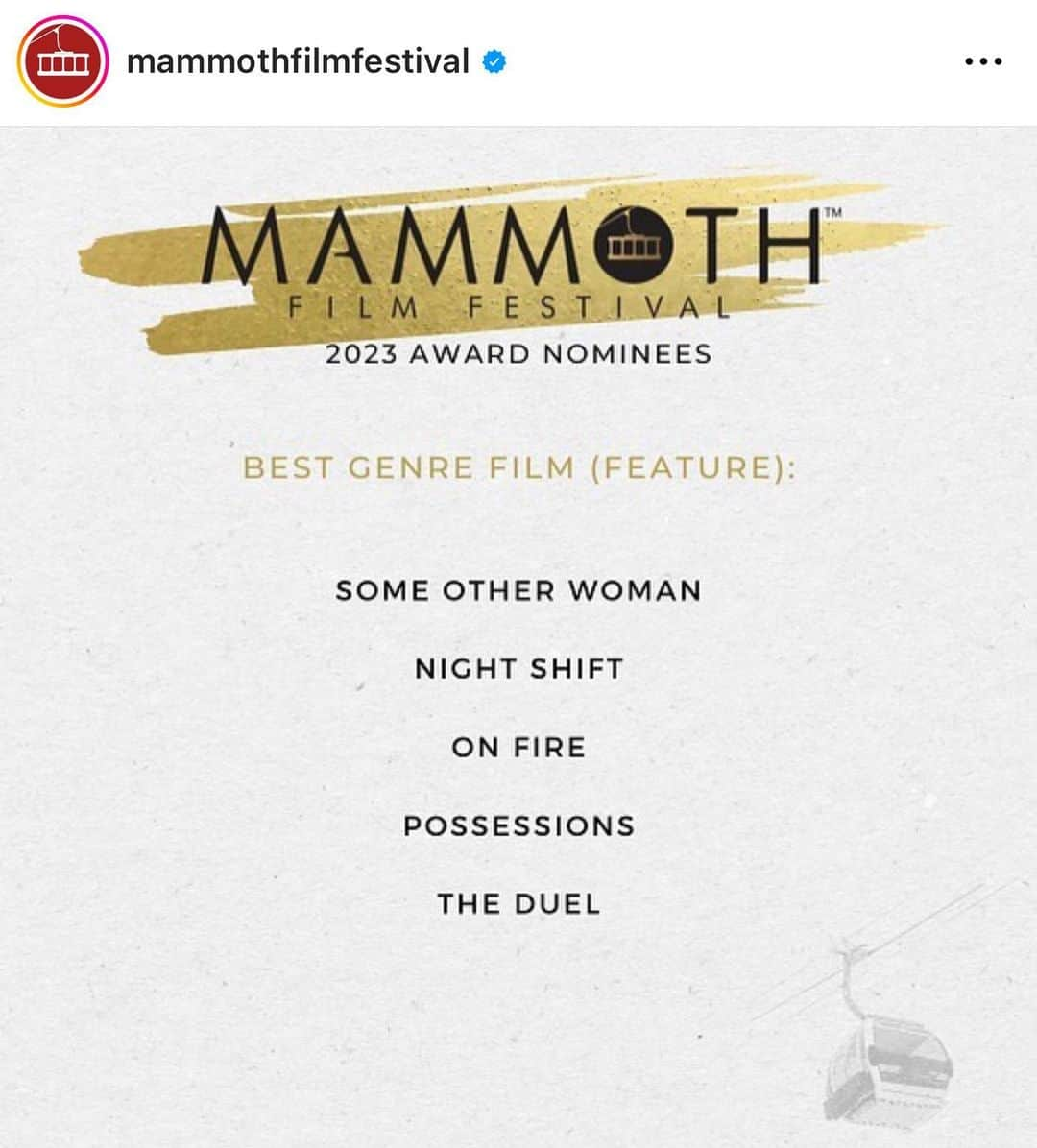 ピーター・ファシネリのインスタグラム：「Proud to have our film #ONFIRE nominated for Best Genre Film @mammothfilmfestival  Congrats to our fellow nominees. 🍾🎉」