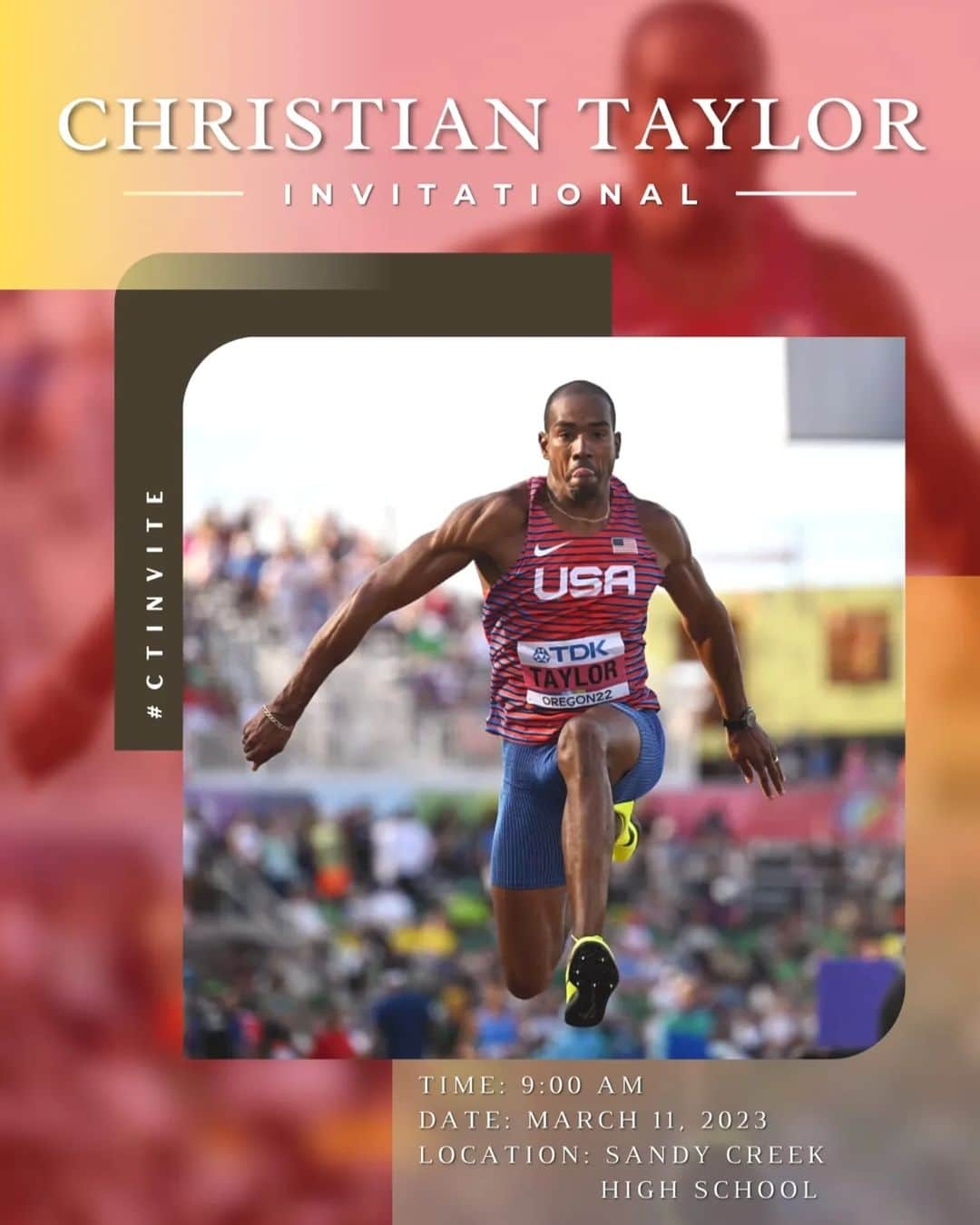 クリスチャン・テイラーのインスタグラム：「Clear up your Saturday and come support our Patriots at the 6th annual Christian Taylor Invitational. We have some very special guests, giveaways, raffles, food trucks, DJ and much more. Bring the family and enjoy a day at the track. #ctinvite #patriotpride」