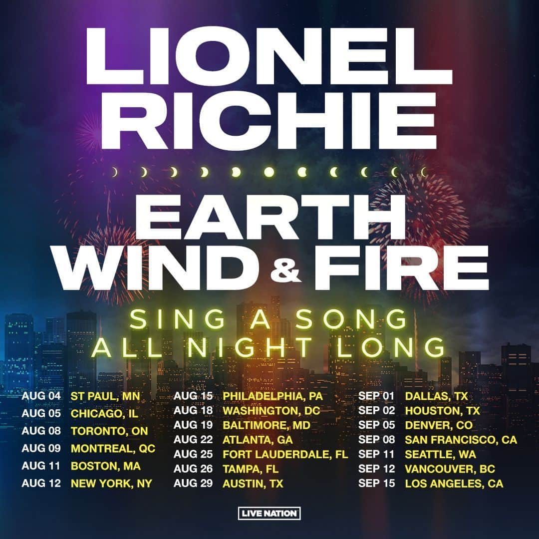 アース・ウィンド・アンド・ファイアーのインスタグラム：「ANNOUNCING!!! 🤩 Sing A Song All Night Long with us as we join @LionelRichie for the tour of a lifteime! Tickets on sale Monday March 13 at 10AM!」