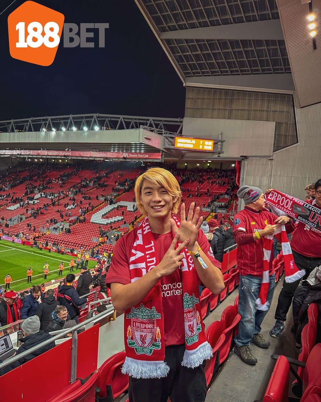 のインスタグラム：「Liverpool &Anfield ×TAIYO 🔥 I watched a super game ⚽️⚽️  I was invited by 188BET to come to Anfield 🙏 You can be a next winner 🔥  #liverpool #anfield #football #soccer #picture #サッカー #世界一周 #worldtraveler」