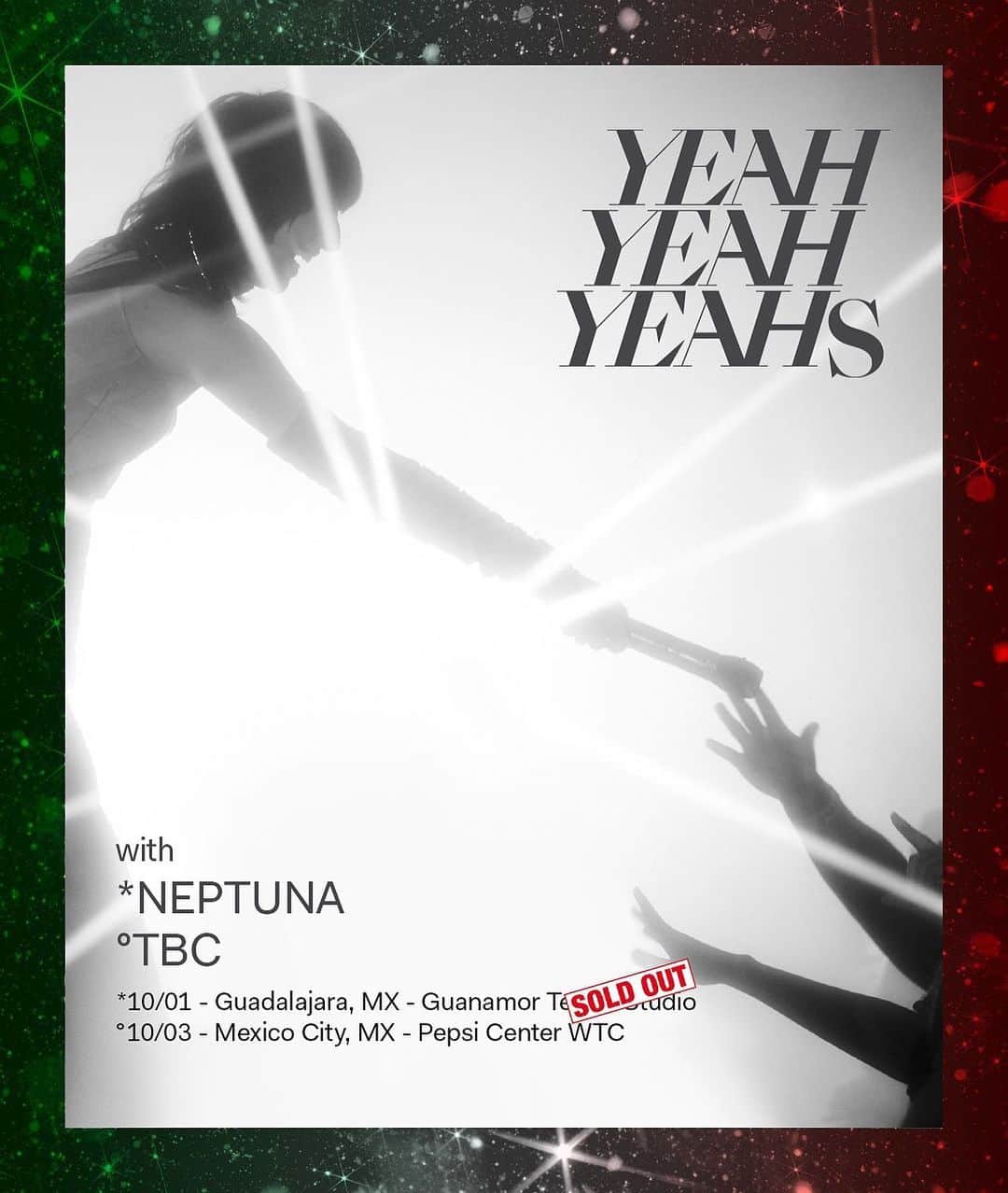ヤー・ヤー・ヤーズのインスタグラム：「Ok Mexico here we go - rescheduled date for Guadalajara and a new date in Mexico City! Thank you all for your patience, and we are so happy to return. We need this too! 🖤  xo  yyys  Pre-sale: Monday, March 13th at 11:00am CST Use Password: COOLKIDZ23 General on-sale: Tuesday, March 14th at 11:00am CST」