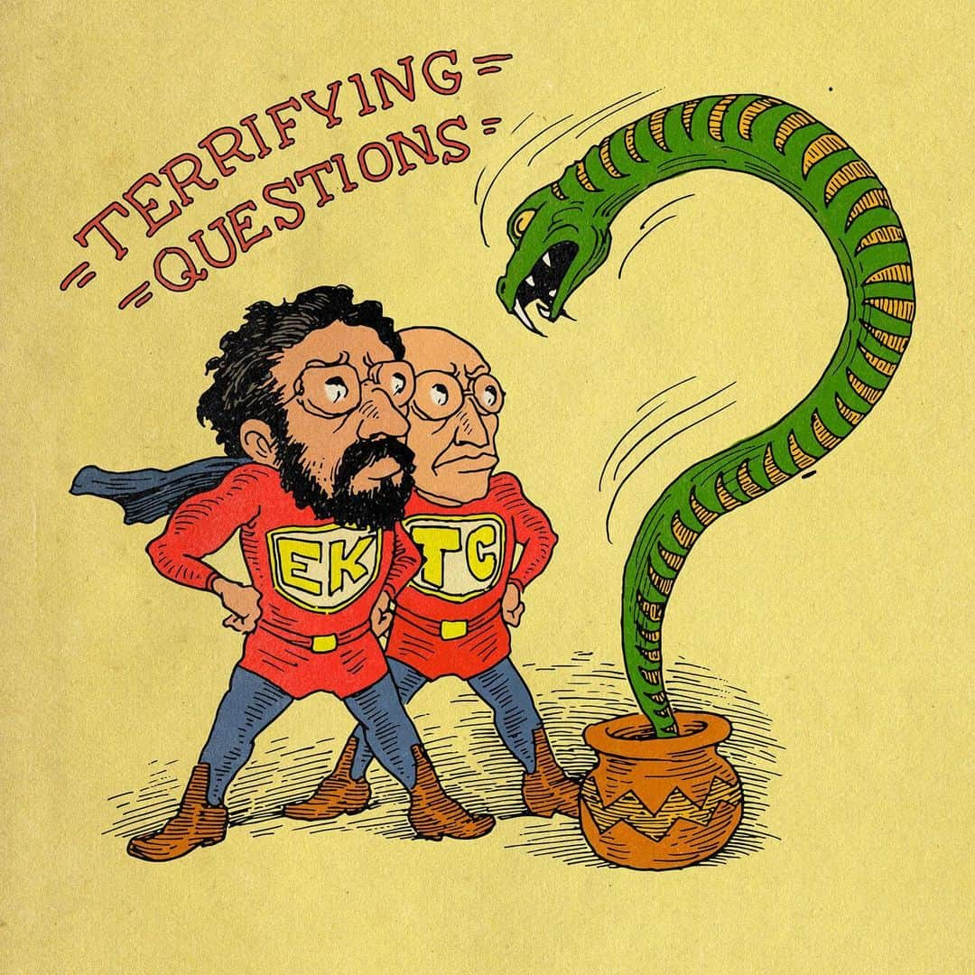 ケヴィン・サスマンのインスタグラム：「So, my friend Eric Kaplan (writer for Big Bang Theory and Futurama) has a new podcast. It deals with scary existential philosophy questions like how ChatGPT is going to kill us all and spit on our graves. It's called Terrifying Questions. Here's the link:  https://music.amazon.com/podcasts/59beda01-0494-43e9-b459-2fb4e11ad391/terrifying-questions」