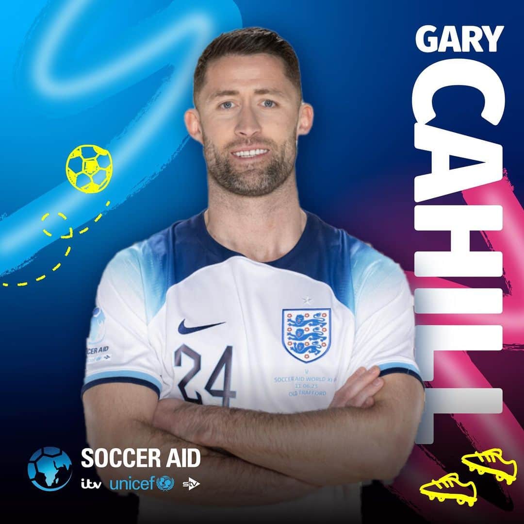 ガリー・ケーヒルのインスタグラム：「Delighted to be pulling on an England shirt again for @unicef_uk @socceraid this year!  Tickets are on sale now via the link in my bio 🎟️💙  🏟️Old Trafford 📆 Sunday 11th June 💙 @unicef_uk 🎟️ Link in bio👆  #SoccerAid | #PlayForEveryChild」
