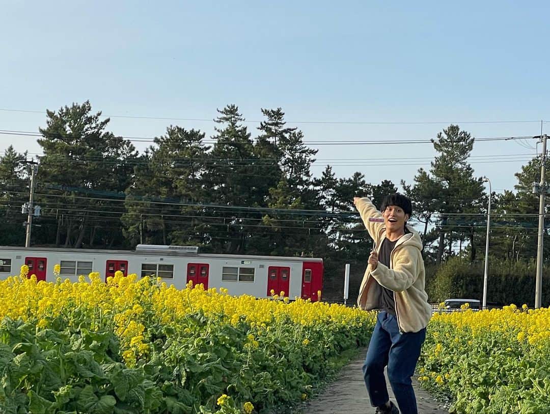 井口謙さんのインスタグラム写真 - (井口謙Instagram)「． 糸島市二丈にある#福ふくの里 目の前には35000本の菜の花が今まさに満開で見頃を迎えています。  その綺麗な黄色もさることながら、タイミングが合えばJR筑肥線の列車とセットで写真を撮ることも…！！  生放送で挑戦しました。 難しかったです。  タイミングがダメだった時用の演出も練習しました。 スベりました。 難しかったです。  3月いっぱいは見頃！！ 向かいの直売所でも、鮮度抜群の魚介や野菜を購入してお家でも楽しんでみてください✌️  #菜の花の摘み放題もあります(110円) #天ぷらやわさび和えに #最高のつまみでした🍺  #ふくふくの里 #菜の花#なのはなばたけ #菜の花畑 #JR筑肥線#筑肥線とともに」3月7日 20時30分 - iguchi_ken_rkb