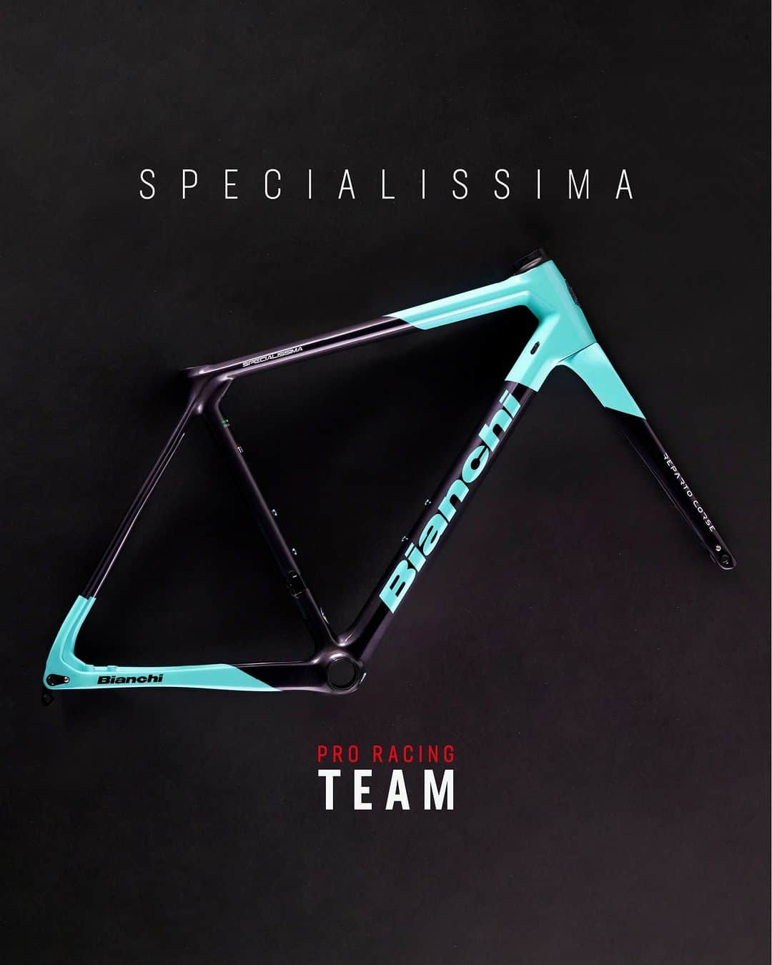 ビアンキJAPANのインスタグラム：「Specialissima Pro Racing Team フレームキット - スペシャリッシマの持つパフォーマンスと美しさ。ビアンキのアーティストがイタリアでハンドペイントしたフレームは、フォークに配置されたレパルトコルサロゴとシートチューブの ”Pro Racing Team” ロゴで飾られている特別仕様。  bianchi.com にてオンライン販売開始。  #Bianchi #ビアンキ #BianchiBikes #SpecialissimaProRacingTeam #ProRacingTeamEdition #SpecialEdition #RepartoCorse #BianchiRC」