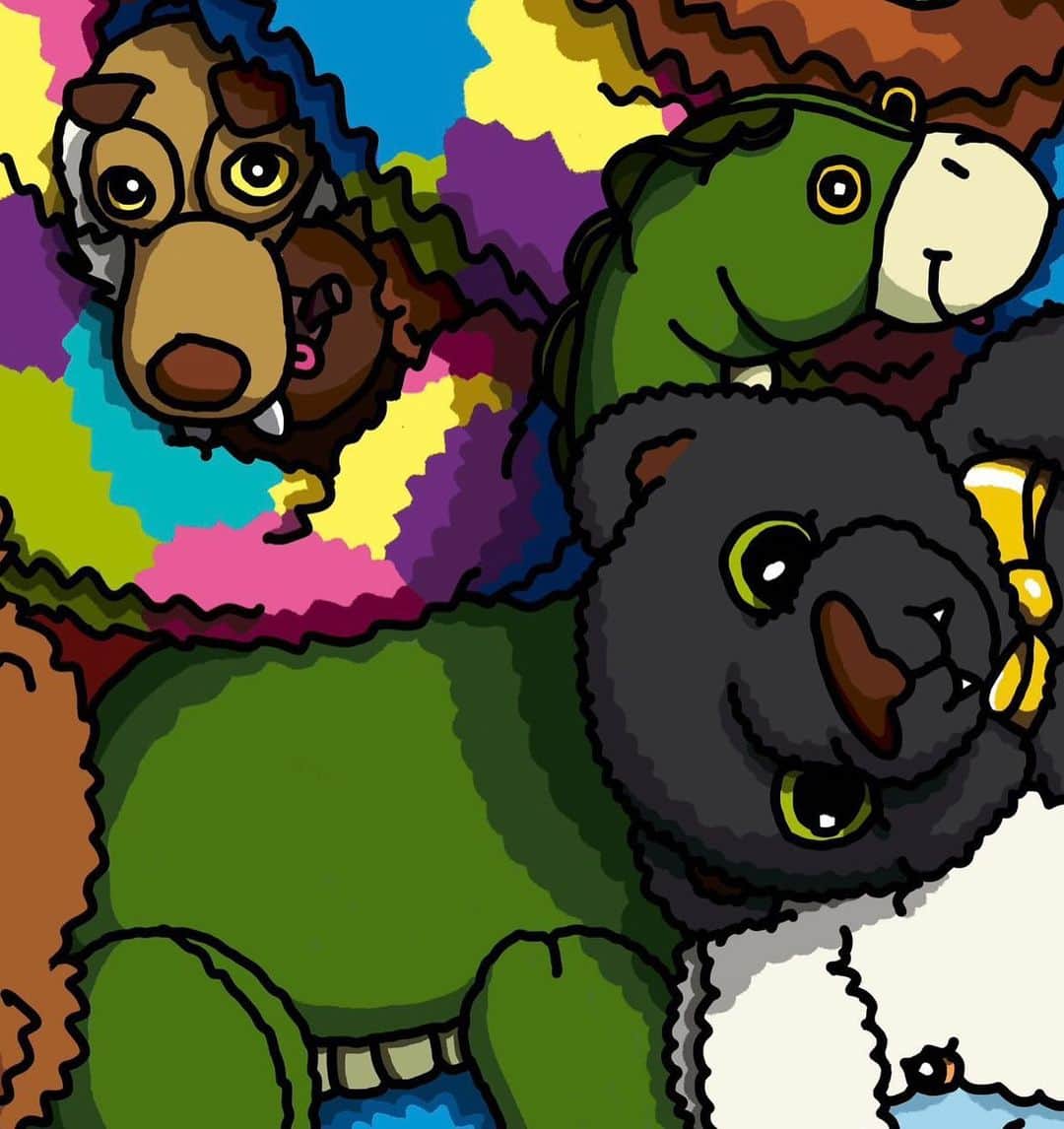ブレッキン・メイヤーのインスタグラム：「Im a big fan of @brentestabrook who offered me the chance to name a character in one of his “toy pile” paintings. oh also, you can name one too by heading over to Brent’s page! And now the origin of…wait for it… GRARY — Hello. I’m Grary. Everybody thinks my name is Gary but it’s not. I mean, who ever heard of a green horse named Gary!? It’s a little buh-nanas if ya ask me. Anyhoo,  I was told this was a job interview for helping a scared child with a possible monster scenario in the closet. Little known fact, closet monsters are afraid of horses and green is their most feared color BUT I think the shipping labels got swapped cuz here I am in this pile o’ maminals… that’s how horses say animals. Not that I’m complaining, I’ve met a lot of nice maminals that I’ll keep as friends forever but if anyone sees a lil kid who’s waiting for their green Grary horse, tell ‘em I’m a little swamped right now but will be there as soon as I figure out who is SITTING ON MY TAIL!!!! Oh and i’m allergic to carrots.」