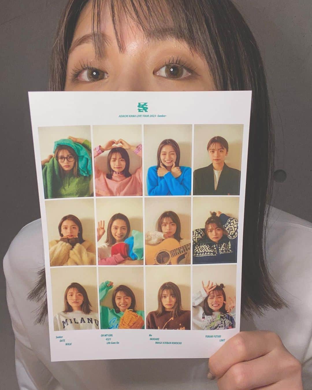 足立佳奈のインスタグラム：「愛するグッズ紹介🤲🏻  ① ステッカーシート！アルバム楽曲を1曲ずつイメージして撮影したんだよっ💭  ② パッチンバンド！ライブの時にこれをつけてみんなに手を伸ばしてほしいなぁん💕  ③ ロングTシャツ！サイズちょっと大きめで作ってあるから、サイズお間違えなく〜〜！後ろのビックロゴかわいいでしょ？🤭  ④ Tシャツ！これからの季節だね！いっぱい私服でもきてほしいなぁ。パンツにインして着てもかわいいよ！  ⑤タオルー！！ライブで必須グッズでございます。ぐるぐる回しちゃおうね❤️‍🔥  ⑥アクリルキーホルダー！ランダムで当たるんだけど、凄いね、かわいいです。笑　ジャケット写真9個と、オリジナル足立1個の10個ですっ！ 集めてみてね！  #ネットで注文できるから #リンクストーリーに貼っておくね！」