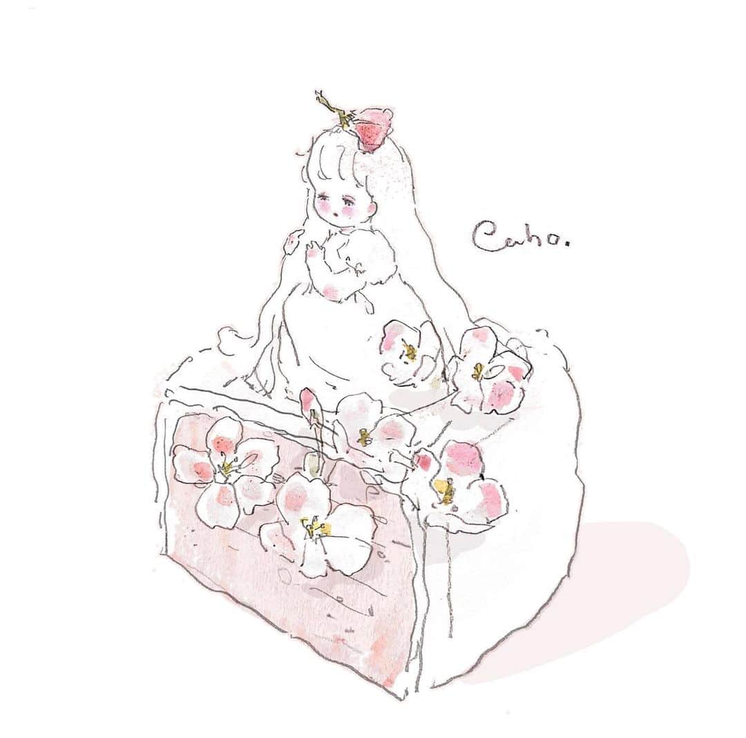 Cahoのインスタグラム：「スタバのさくらシフォンケーキ食べた🌸  #illustration #illustrator #illust #drawing #painting #starbucks #cake #イラスト#イラストレーター #スタバ#スタバケーキ#スターバックス」
