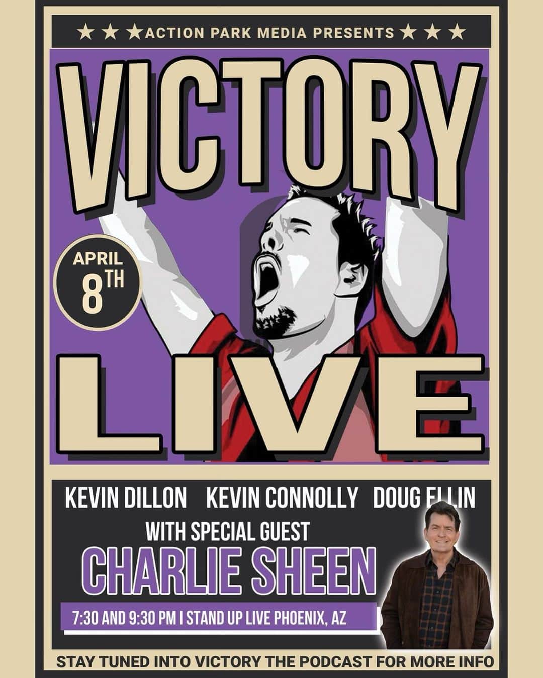 チャーリー・シーンのインスタグラム：「April 8 is gonna be a great night in Phoenix with @charliesheen link to tickets in the @victorythepodcast bio. Hope to see you there 🙏!」