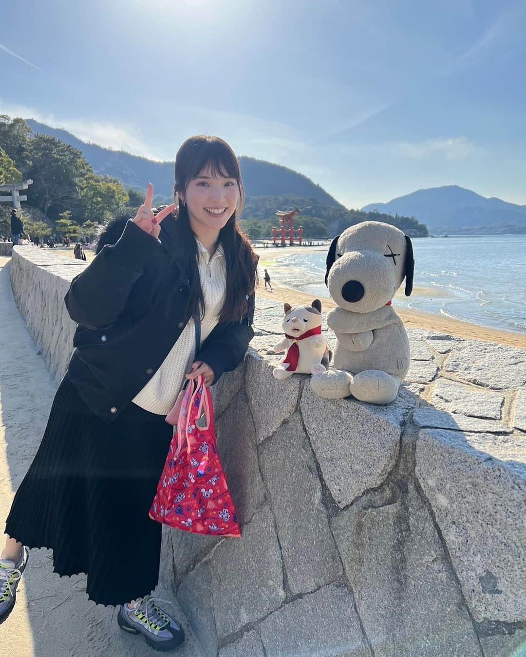 仮谷せいらのインスタグラム：「スヌ男とハムハムと🐶🐹  焼き牡蠣・生牡蠣・牡蠣飯・牡蠣グラタン ガンス・レモンサワー 揚げもみじ饅頭3つ(チョコ・チョコ・レモン) 食べすぎちゃったよ😋  また行きたいなぁ⛩」
