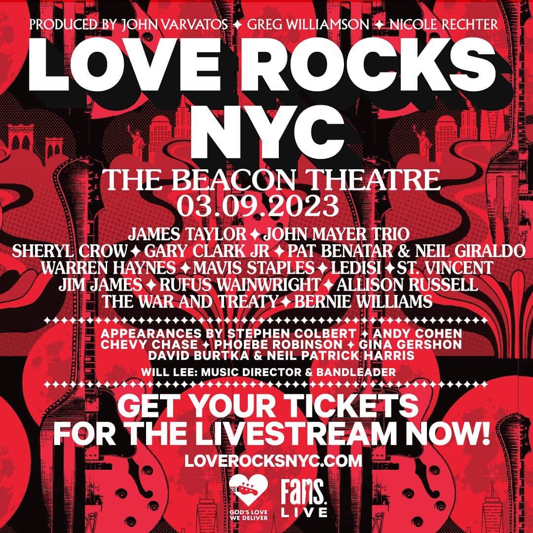 シェリル・クロウのインスタグラム：「I’m thrilled to share that the 7th annual #LoveRocksNYC benefiting @godslovenyc will be *livestreamed* ONE TIME ONLY THIS THURSDAY March 9th at 8PM Eastern from the Beacon Theatre!   Get access to the livestream for $20, which funds two medically tailored meals, at https://godslovenyc.org/loverocksnyc23livestream.   Tune in to rock out and celebrate @godslovenyc and the life-saving work they do, delivering meals that heal, with so much LOVE!」