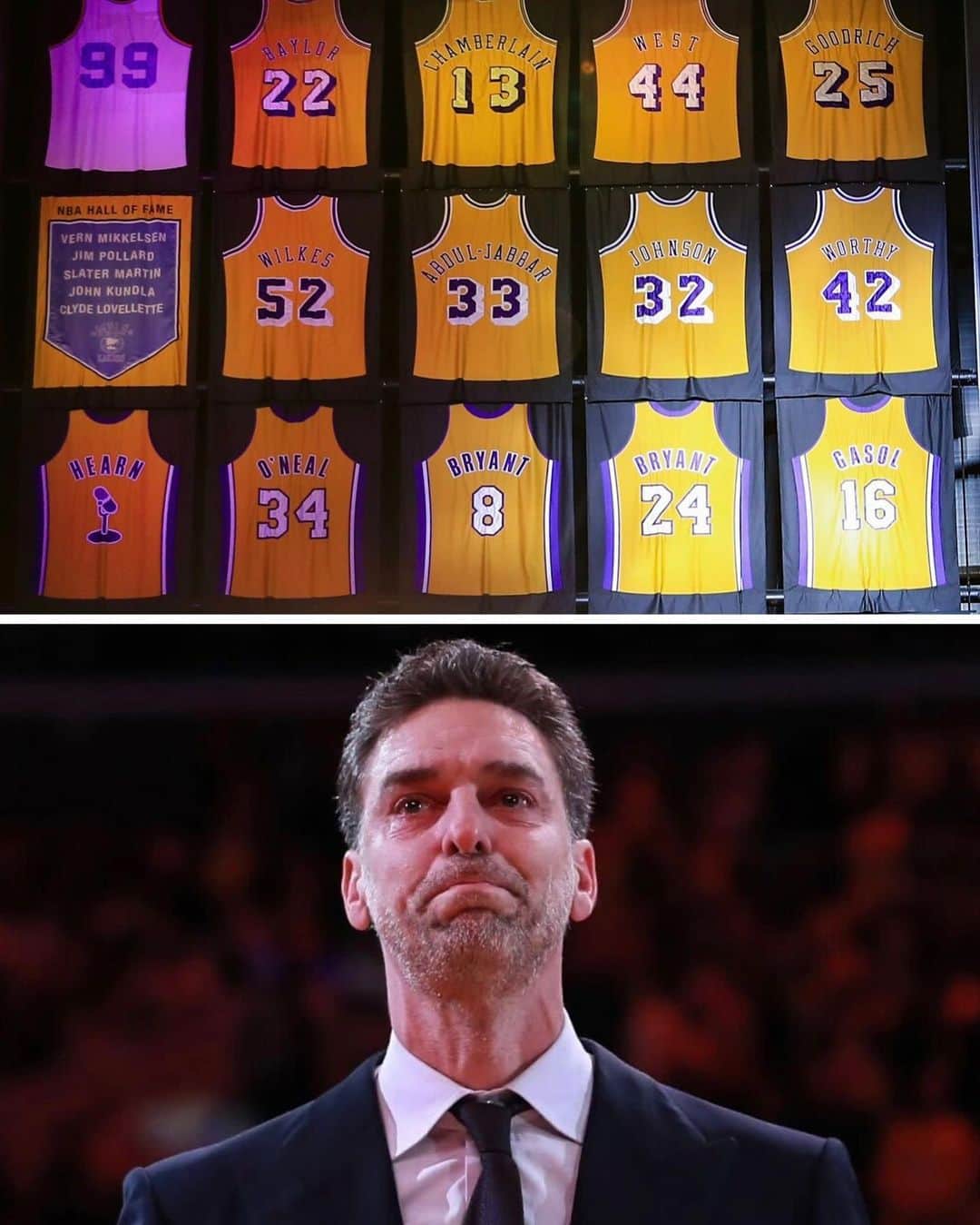 パウ・ガソルのインスタグラム：「Still processing it all. What a wonderful night. I’ll never forget it. Thank you all so much for all the love!! 💜💛 🙏🏼 #Lakers   Aún estoy procesándolo todo. Qué noche tan maravillosa. Nunca lo olvidaré. Muchas gracias a tod@s por todo el amor que me dais! 💜💛 🙌🏼 #LakersNation」