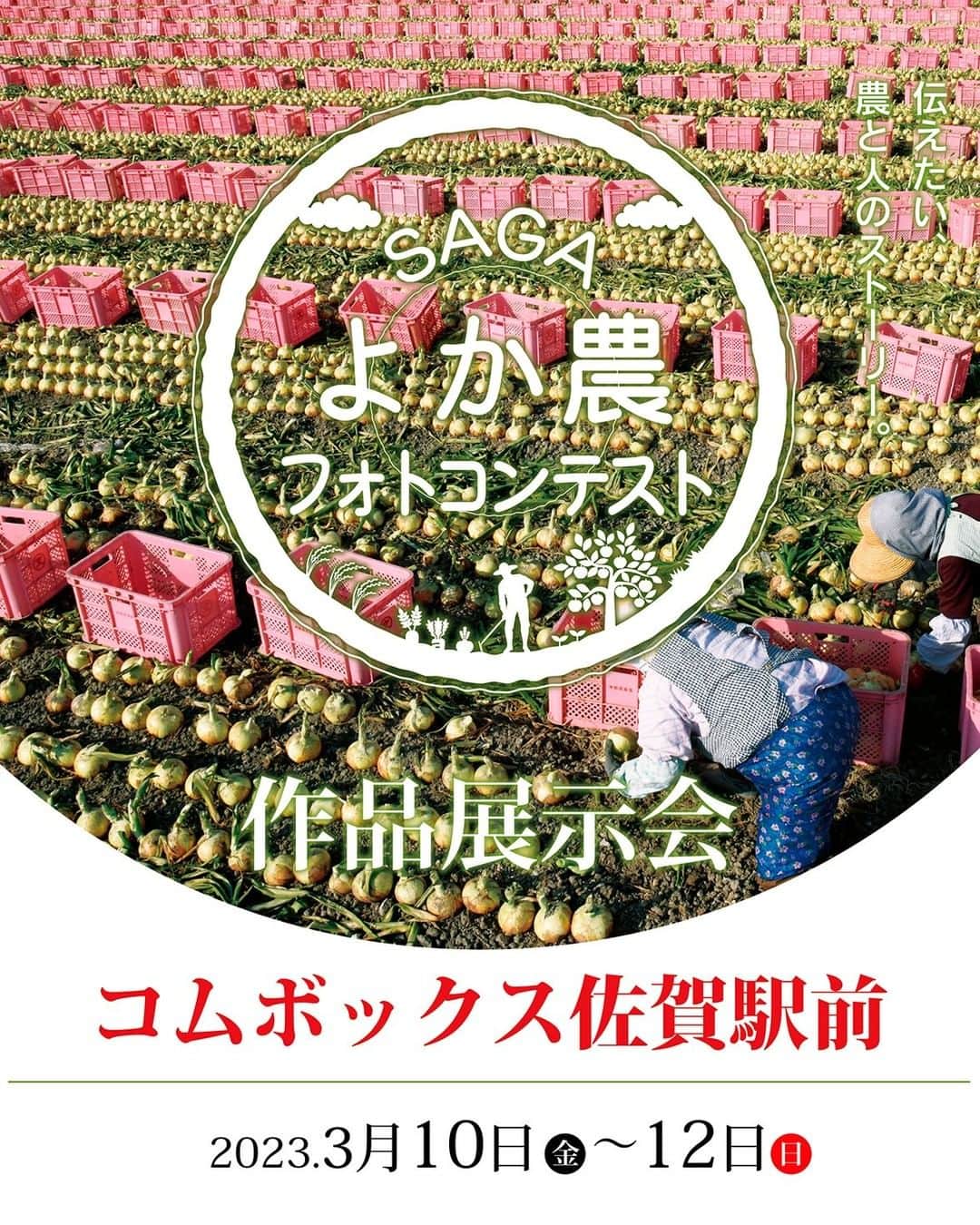 のインスタグラム：「「SAGAよか農フォトコンテスト」作品展示会開催📷  佐賀県では、人と農村の深い関わりを再発見し、農業・農村に対する意識の醸成を図るため、「農と人」の風景をテーマとしたフォトコンテストを行いました。 この度、入賞作品の展示会を下記のとおり開催しています。  日時  令和5年3月10日（金曜日）～3月12日（日曜日） 場所　コムボックス佐賀駅前　（※場所の詳細は調整中）  概要　SAGAよか農フォトコンテストの入賞作品の展示会を行います。 　　　インスタグラムでも情報発信いたしますのでご確認ください。😊 　　　SAGAよか農フォトコンテスト公式アカウント（https://www.instagram.com/saga_yokanou_photo/）  #佐賀県 #さが #saga #農と人 #よか農 #フォトコンテスト #SAGAよか農フォトコンテスト #農作業風景 #さが農村ひろば #SAGAよか農22 #佐賀 #saga #写真 #写真コンテスト #農業」