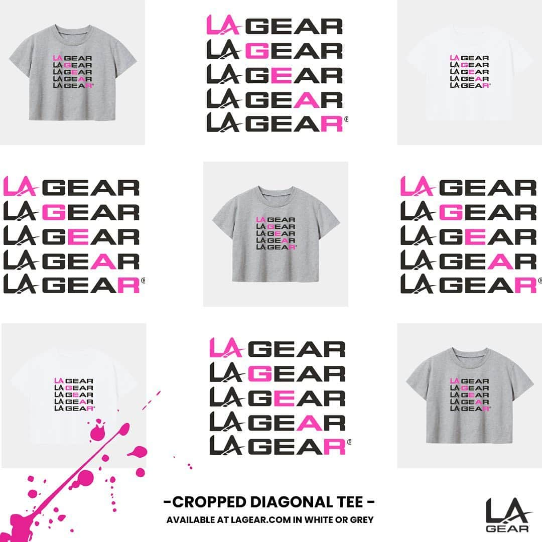 LAギアのインスタグラム：「Discover your #LAGearStyle with the perfect cropped tee available on lagear.com in white or grey • neon pink x black diagonal LA Gear logo, a nod to the classic 80s and 90s. Keep it casual in jeans and joggers, or glam it up in a classic pencil skirt. Whatever your style, you'll love the ultra-soft feel of this cropped tee. #LAGear #ootd #style」